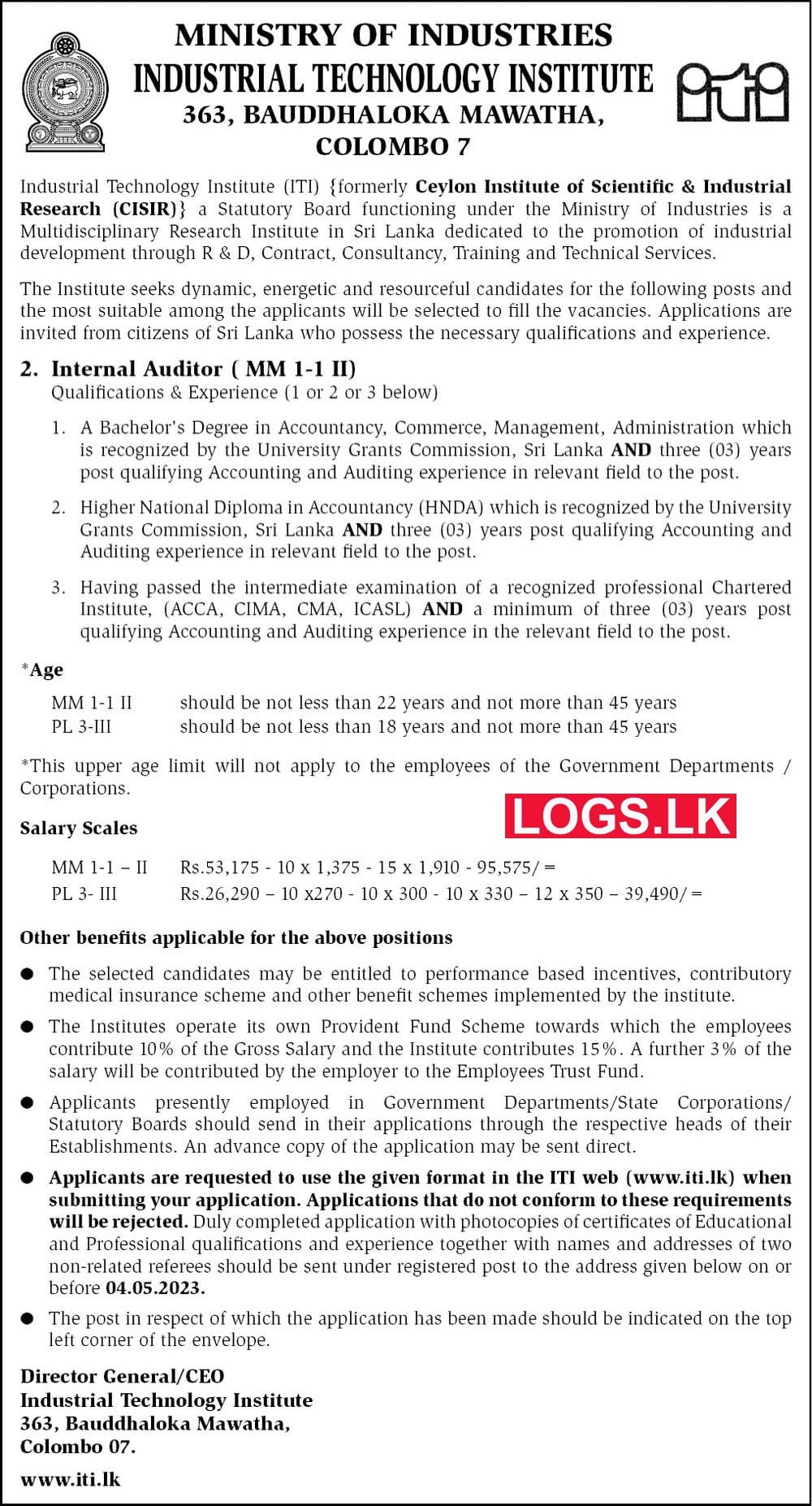 Internal Auditor - Industrial Technology Institute Vacancies 2023 Application Form Download