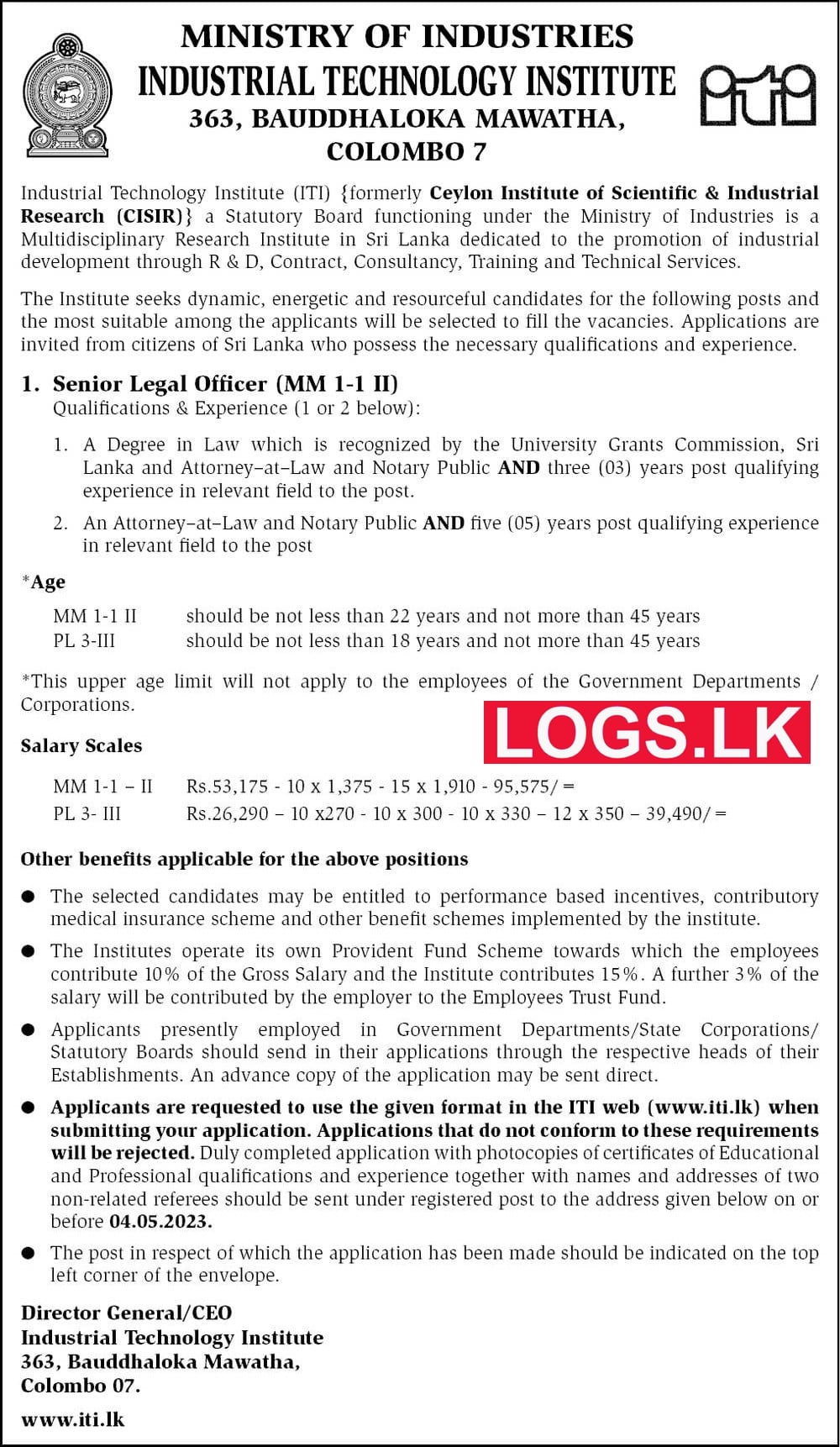 Senior Legal Officer - Industrial Technology Institute Vacancies 2023 Jobs Application, Details Download