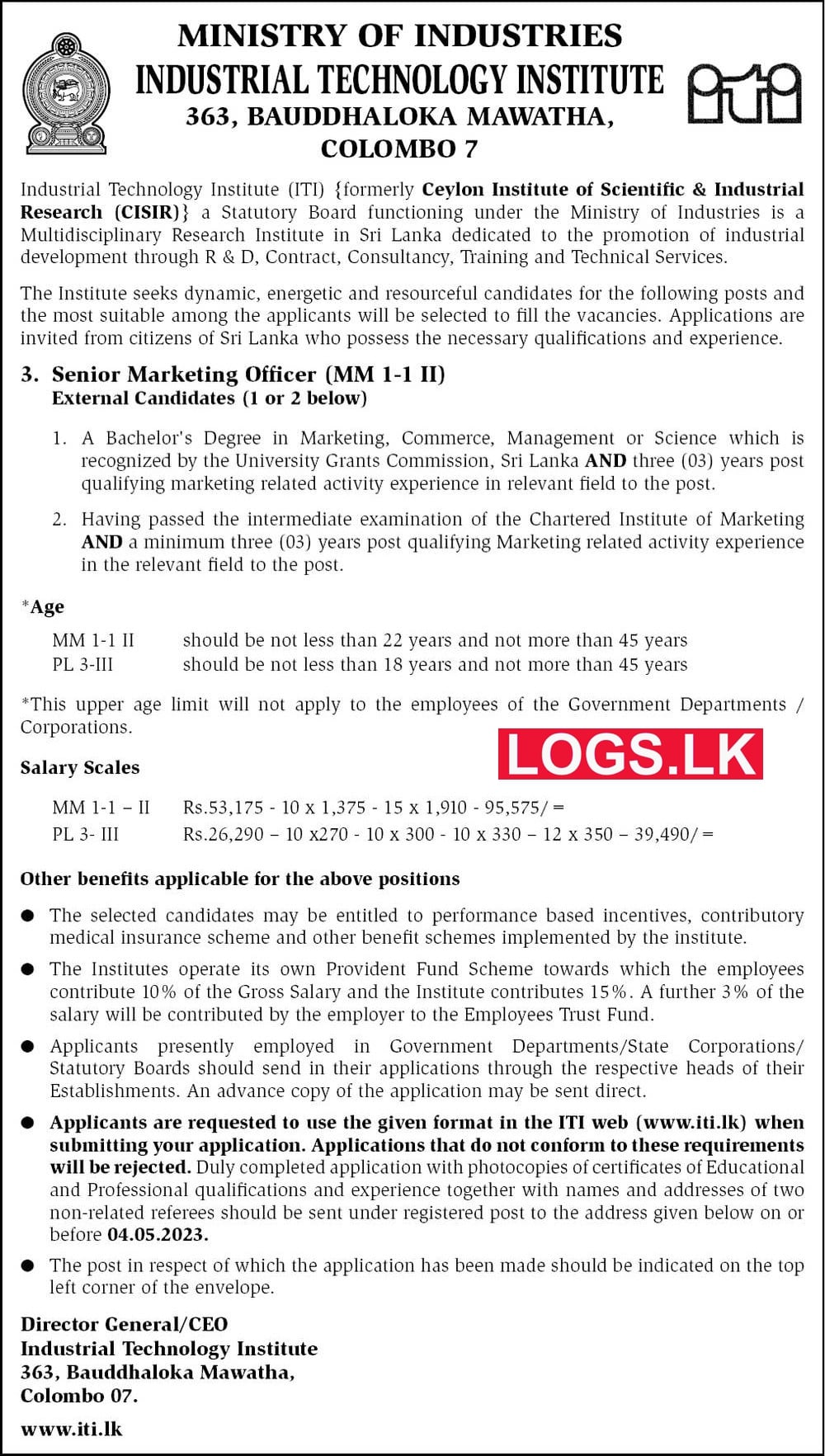 Senior Marketing Officer - Industrial Technology Institute Vacancies 2023 Job Vacancies in Sri Lanka