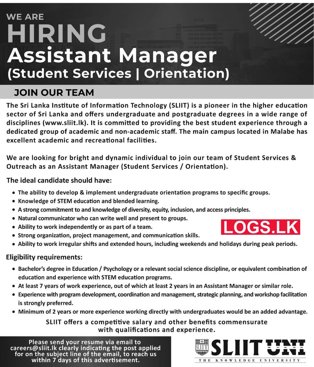Assistant Manager - SLIIT University Job Vacancies 2023 Application Form, Details Download