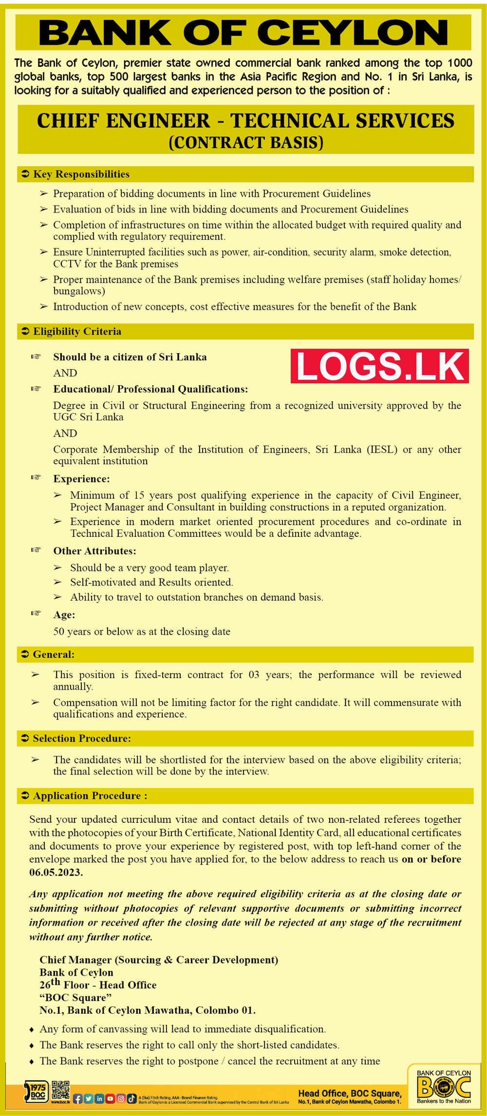 Chief Engineer - Bank of Ceylon Job Vacancies 2023 Application Form, Details Download