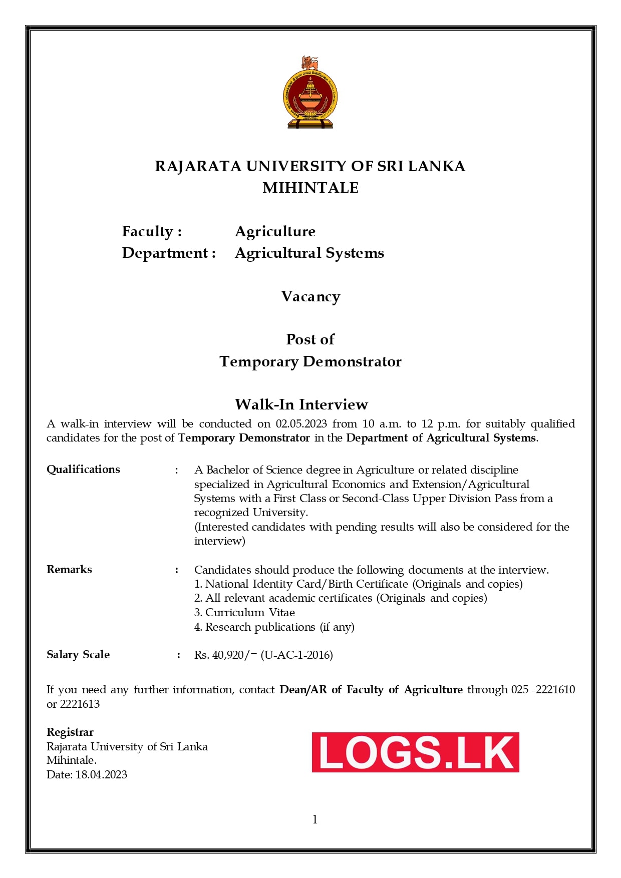 Temporary Demonstrator (Agricultural Systems) - Rajarata University of Sri Lanka Vacancies 2023 Application Form, Details Download