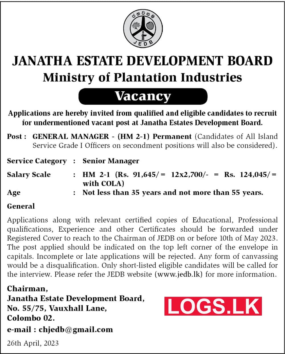 Janatha Estate Development Board Manager Job Vacancy