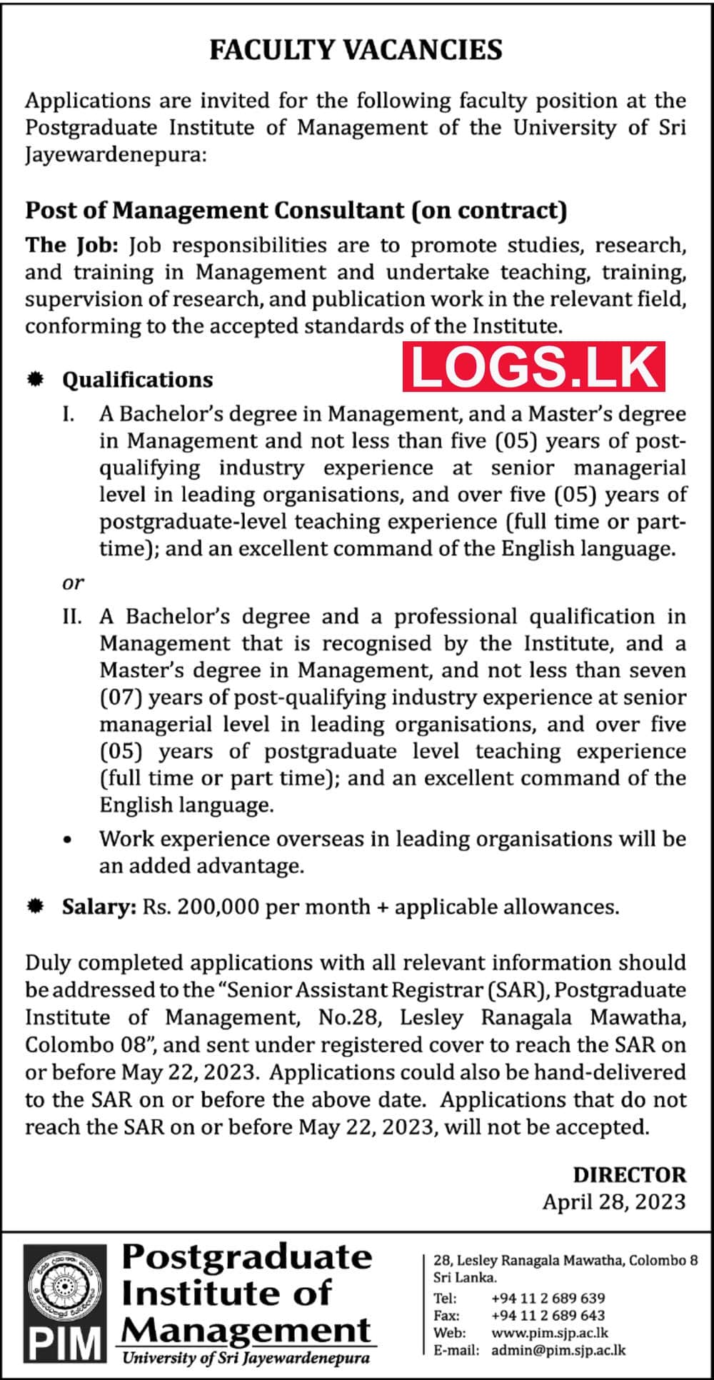Management Consultant - University of Sri Jayewardenepura Vacancies 2023 Application Form, Details Download