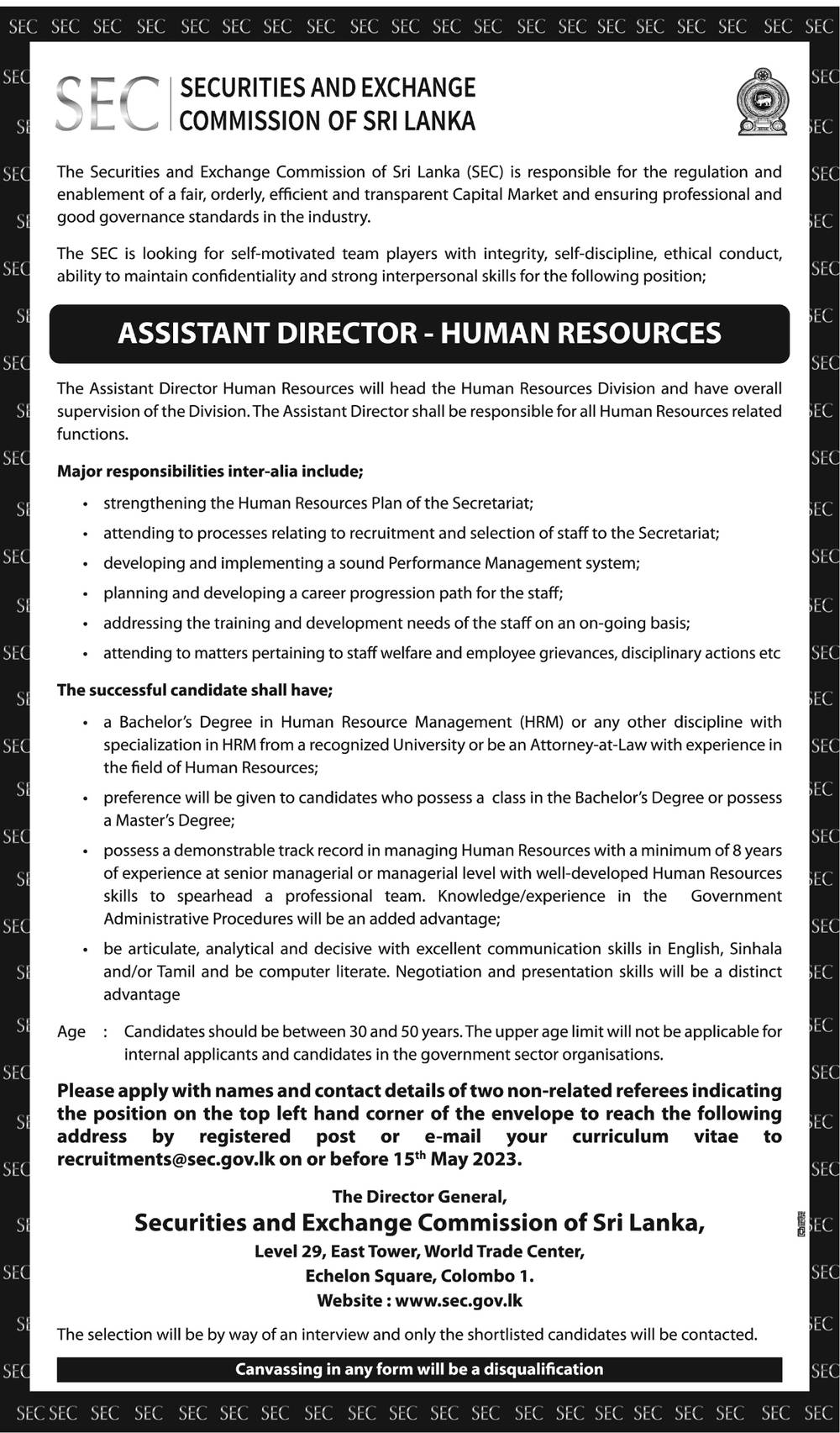 Assistant Director (HR) - Securities and Exchange Commission Vacancies 2023 Application Form Download