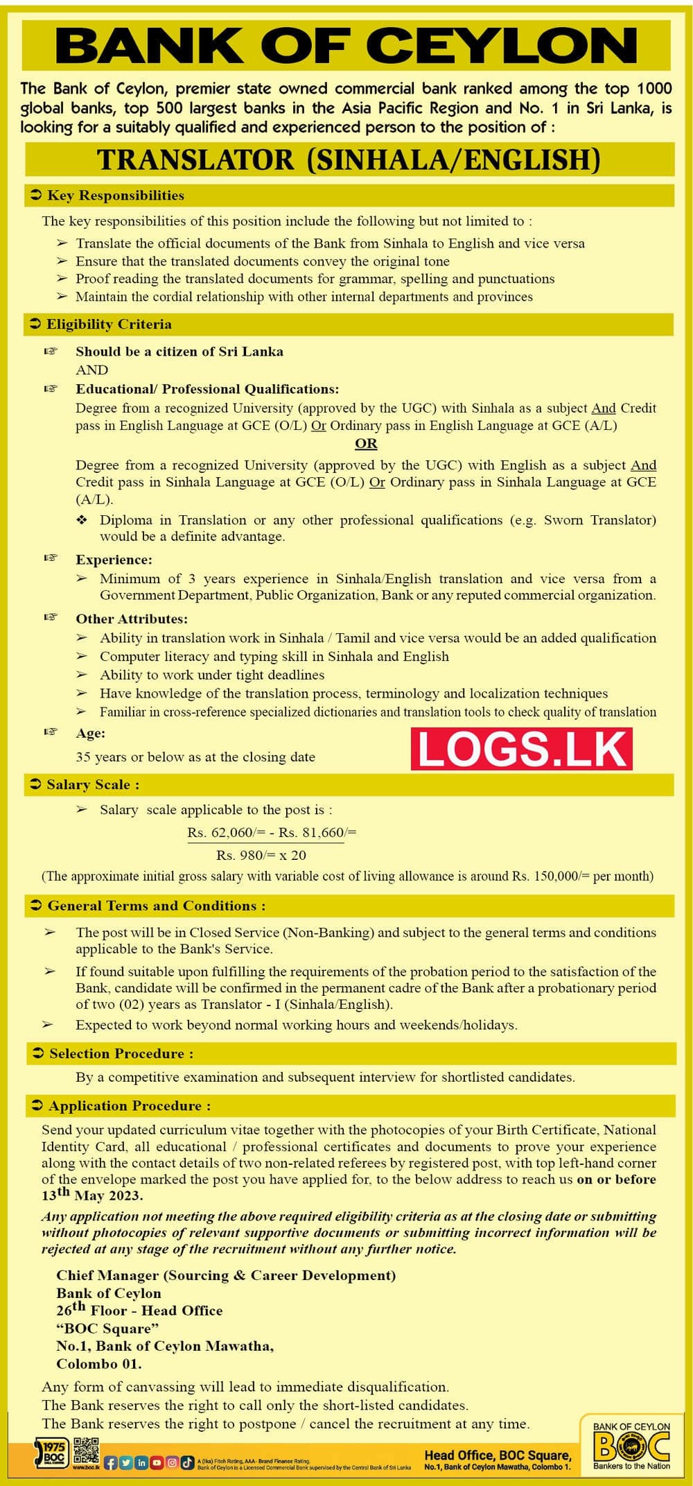 Translator (Sinhala / English) - BOC Bank Job Vacancies 2023 Application Form Download