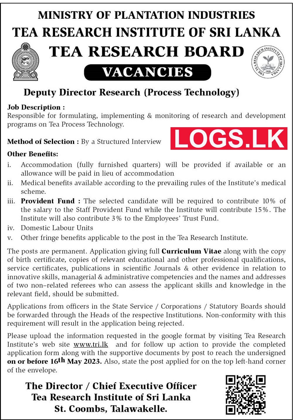 Deputy Director Research - Tea Research Institute Vacancies 2023 Application Form, Details Download