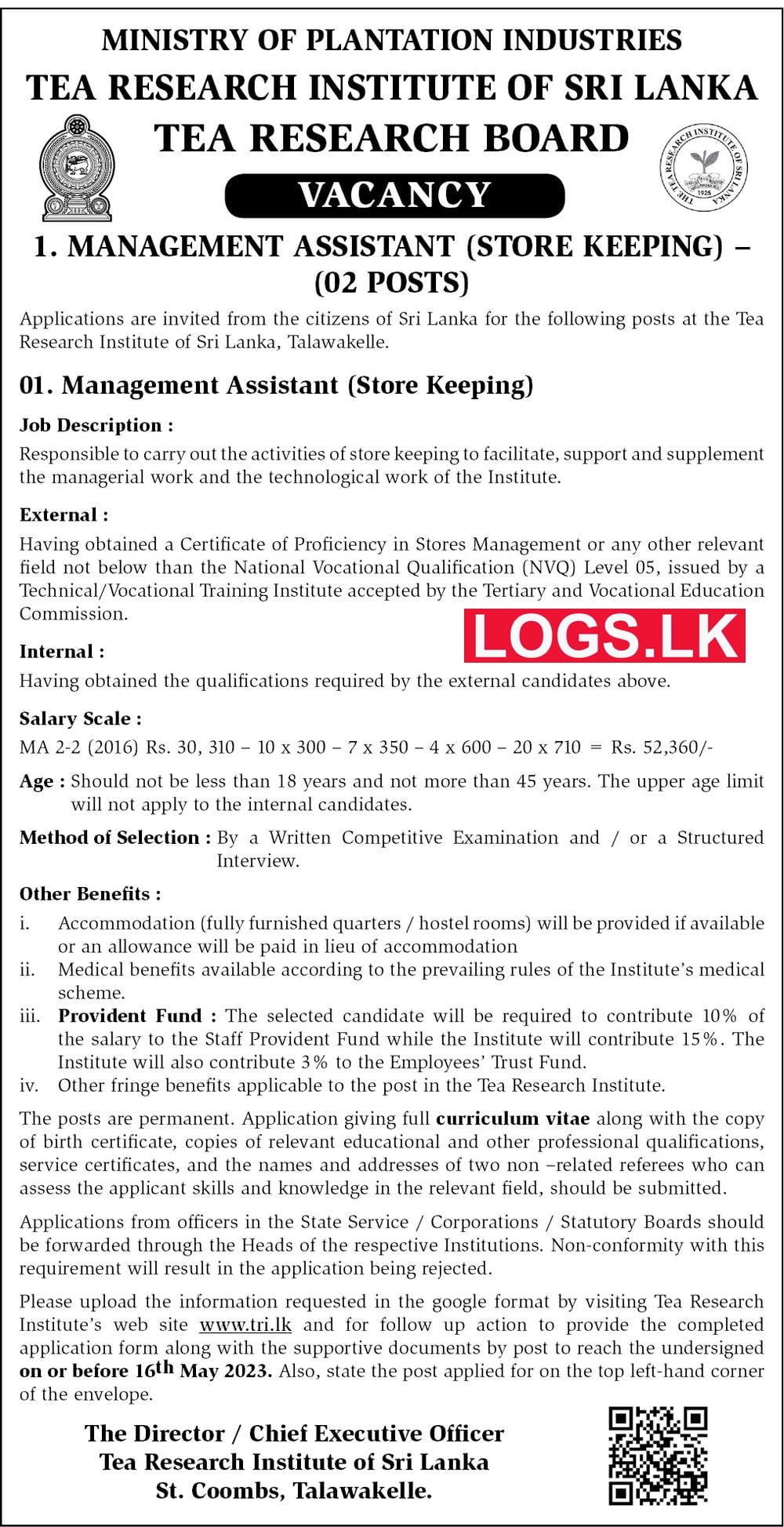 Management Assistant Vacancies 2023 at Tea Research Institute of Sri Lanka Job Vacancies