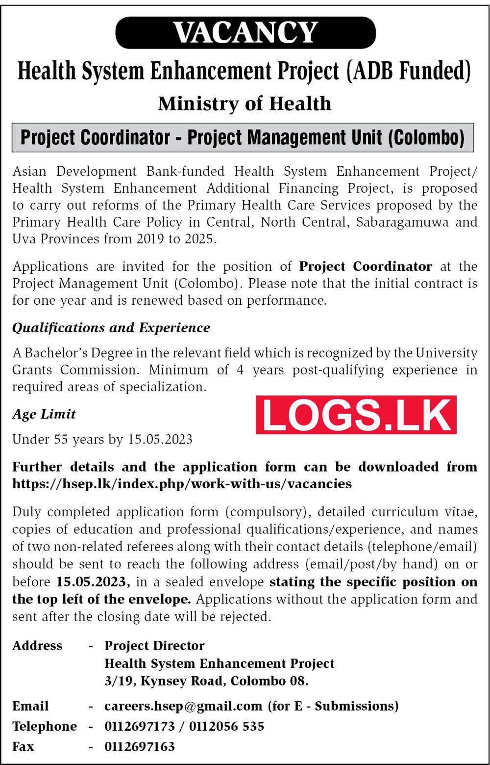 Project Coordinator - Health System Enhancement Project Vacancies 2023 Application Form, Details Download