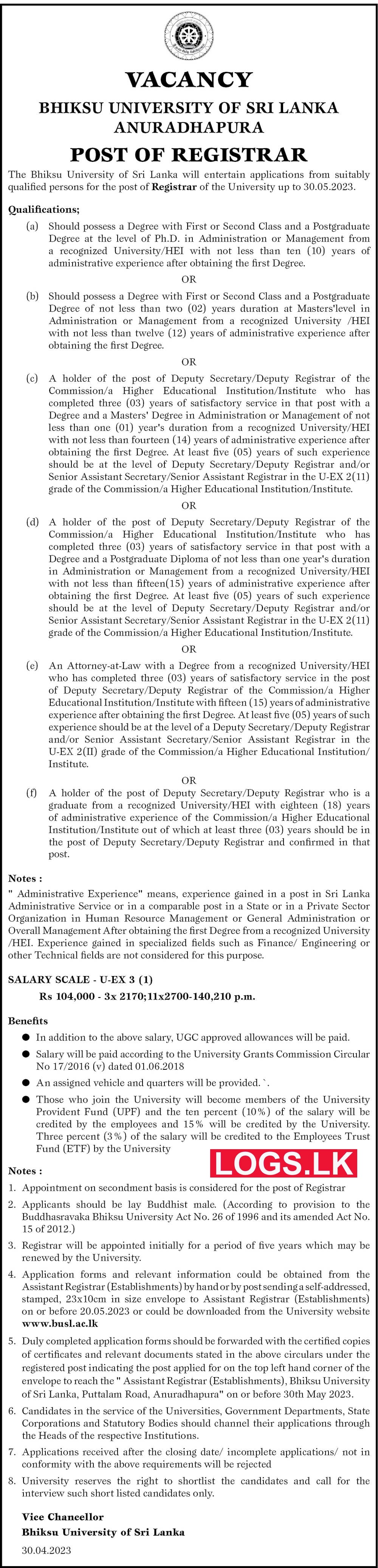 Registrar - Bhiksu University of Sri Lanka Job Vacancies 2023 Application Form, Details Download