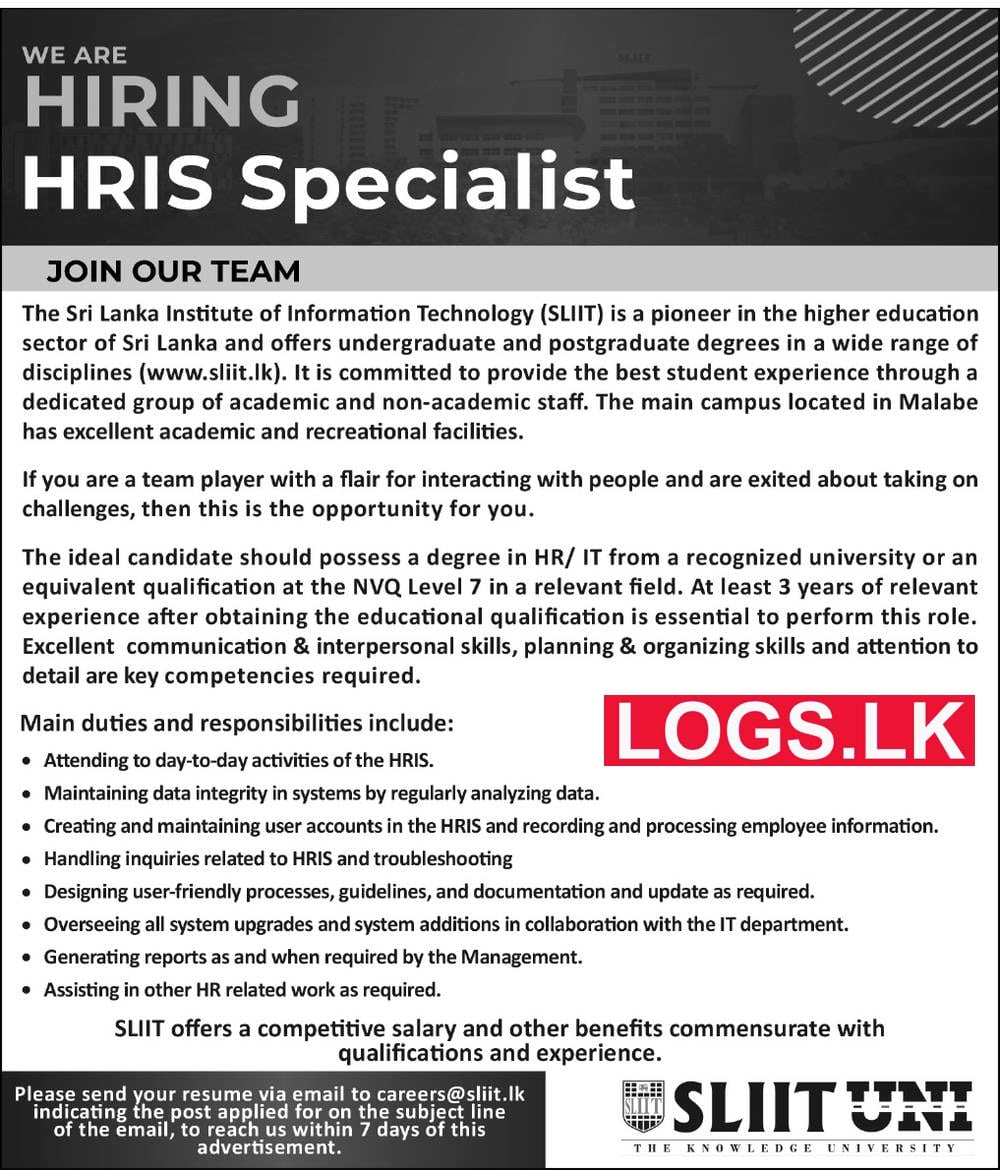 HRIS Specialist - SLIIT University Job Vacancies 2023 Application Form, Details Download