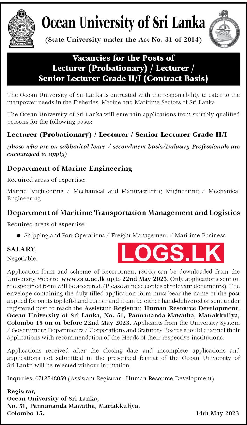Lecturer / Senior Lecturer - Ocean University Job Vacancies 2023 Application Form, Details Download