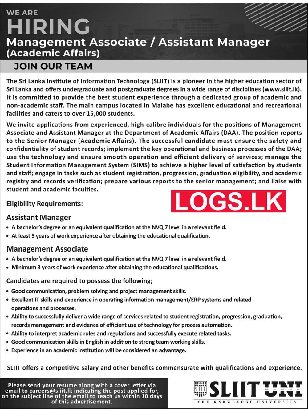 Management Associate - SLIIT University Job Vacancies 2023 Application Form, Details Download
