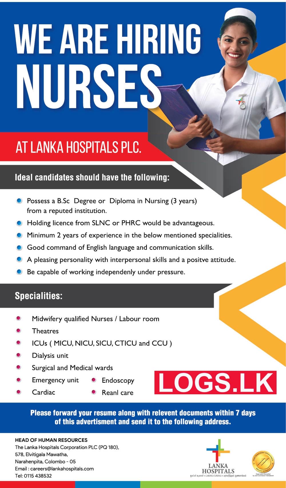 Nurses Job Vacancies 2023 at Lanka Hospitals Sri Lanka Application, Details Download