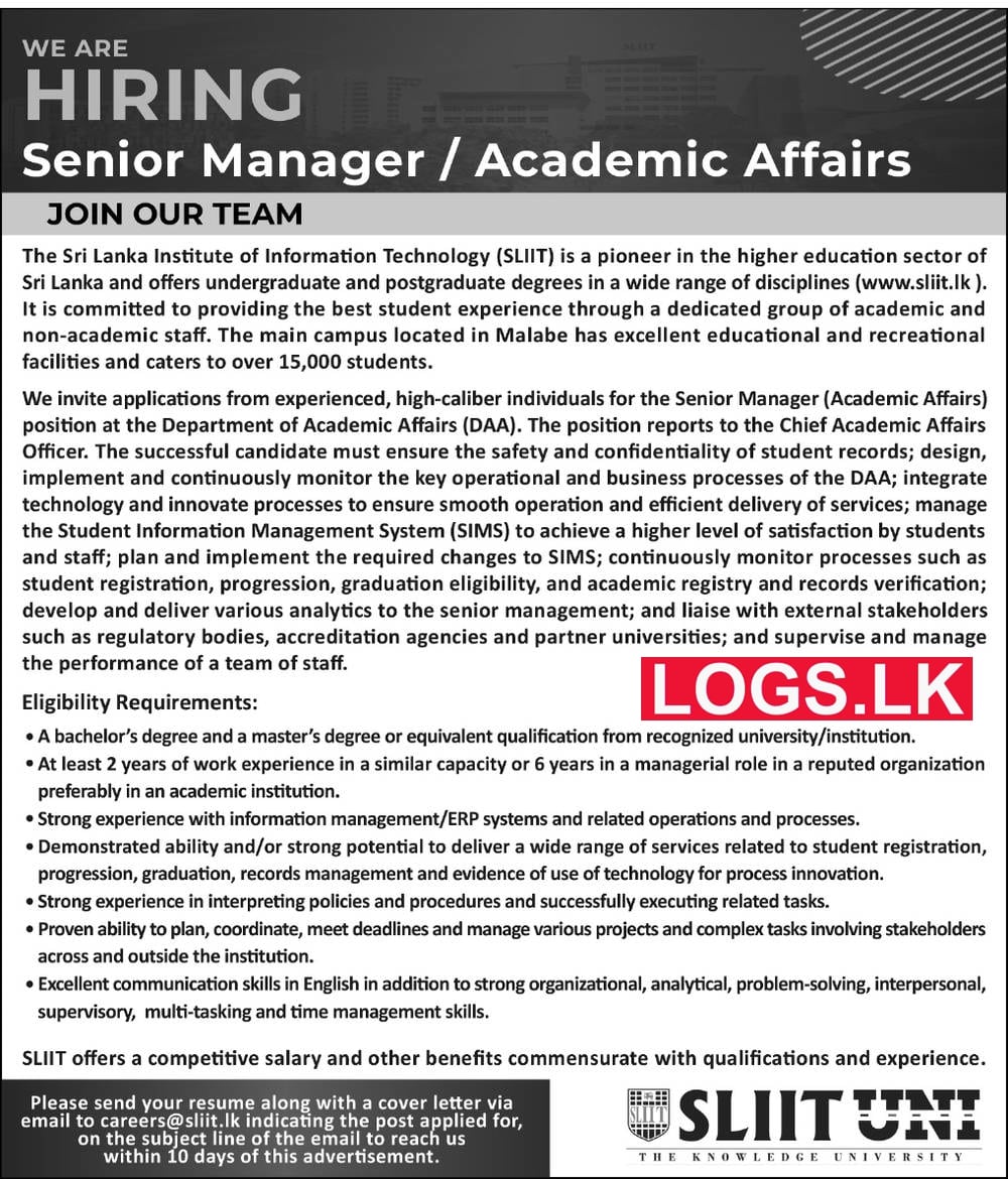 Senior Manager - SLIIT University Job Vacancies 2023 Application Form, Details Download