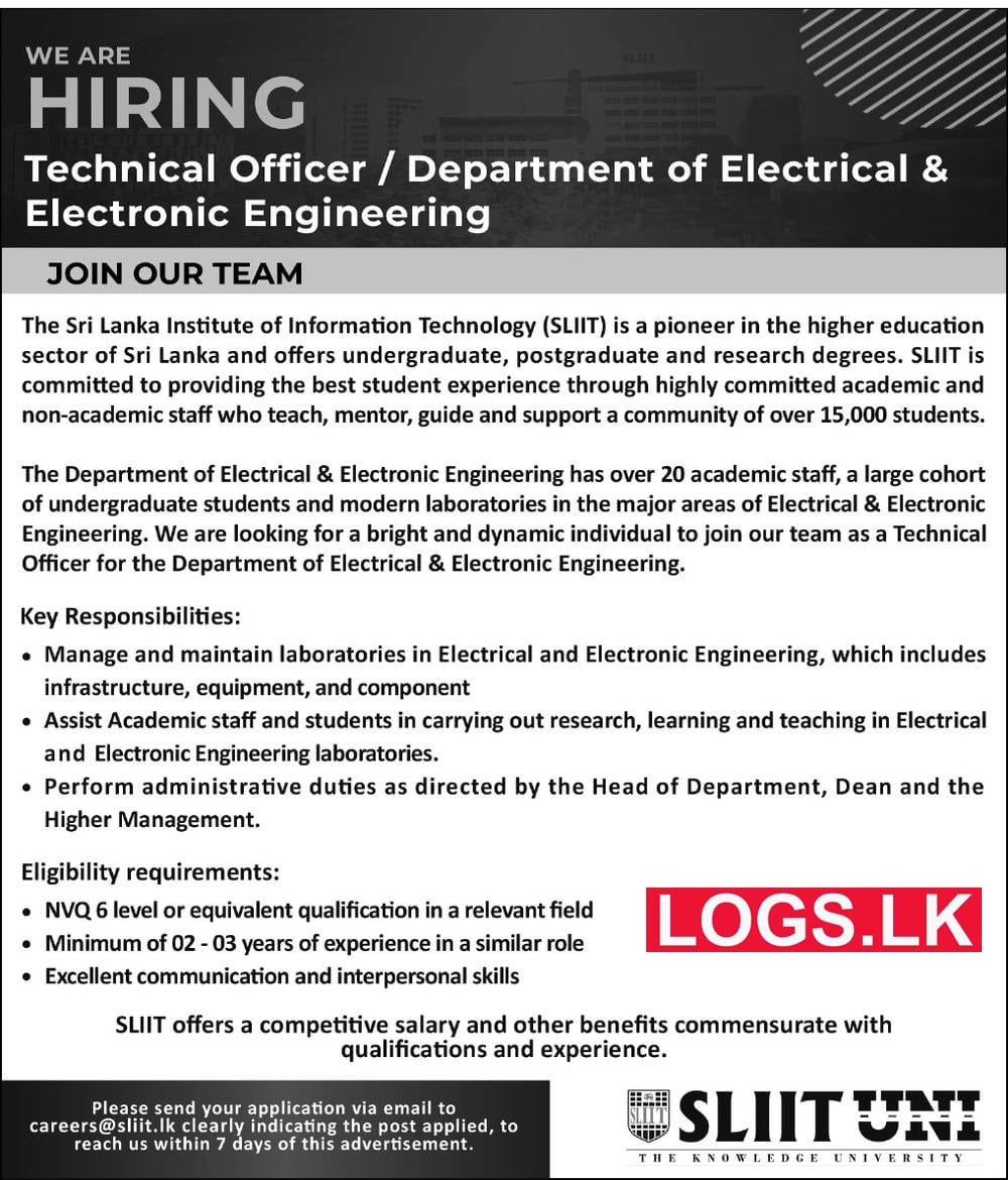 Technical Officer Job Vacancy at SLIIT University Job Vacancies