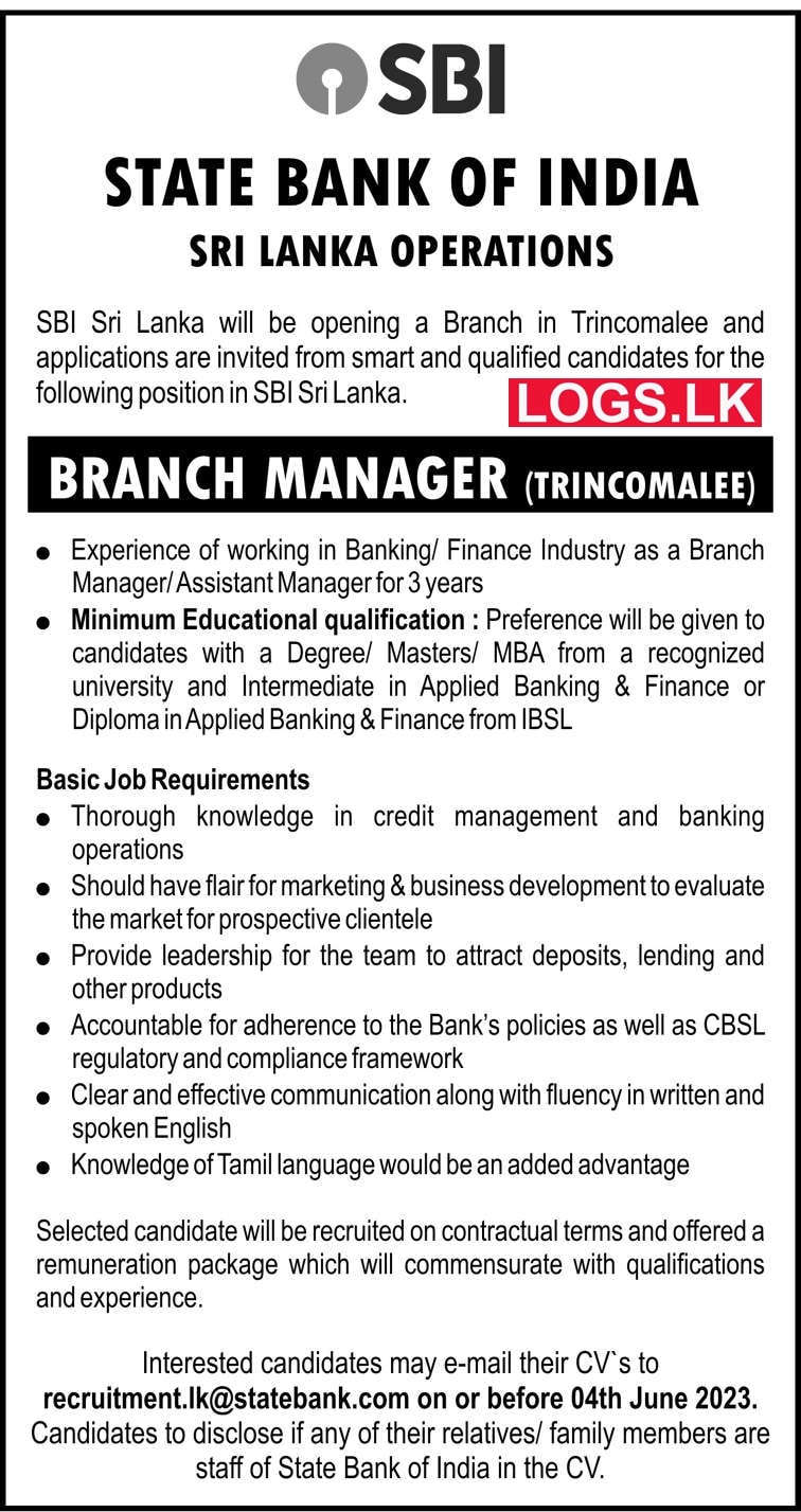 Branch Manager - Trincomalee SBI Bank Job Vacancies 2023 Application State Bank of India