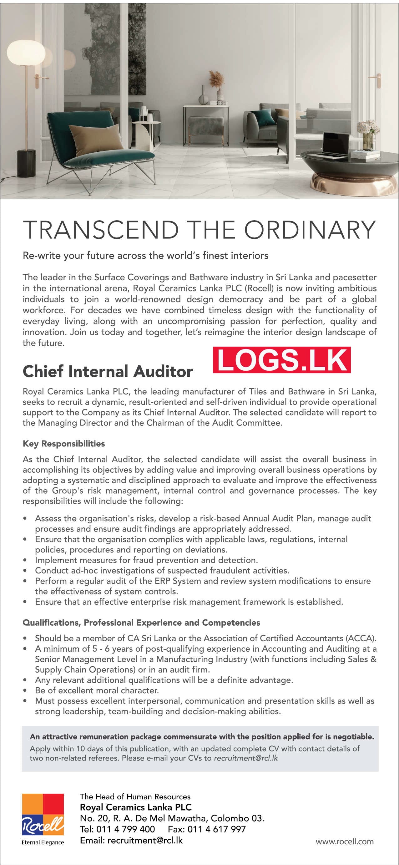 Chief Internal Auditor Job Vacancy at Royal Ceramics Lanka Job Vacancies