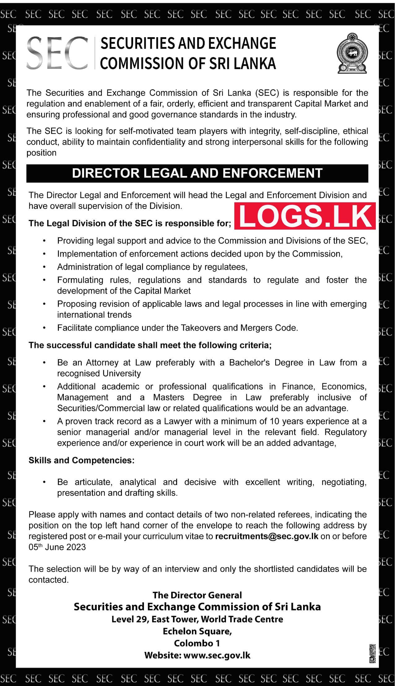 Director Legal and Enforcement - SECSL Vacancies 2023 State Engineering Corporation of Sri Lanka