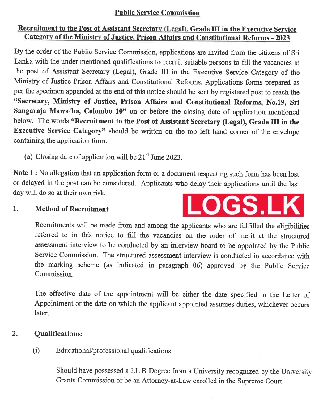 Assistant Secretary Vacancies 2023 at Ministry of Justice, Prison Affairs and Constitutional Reforms Application, Details Download