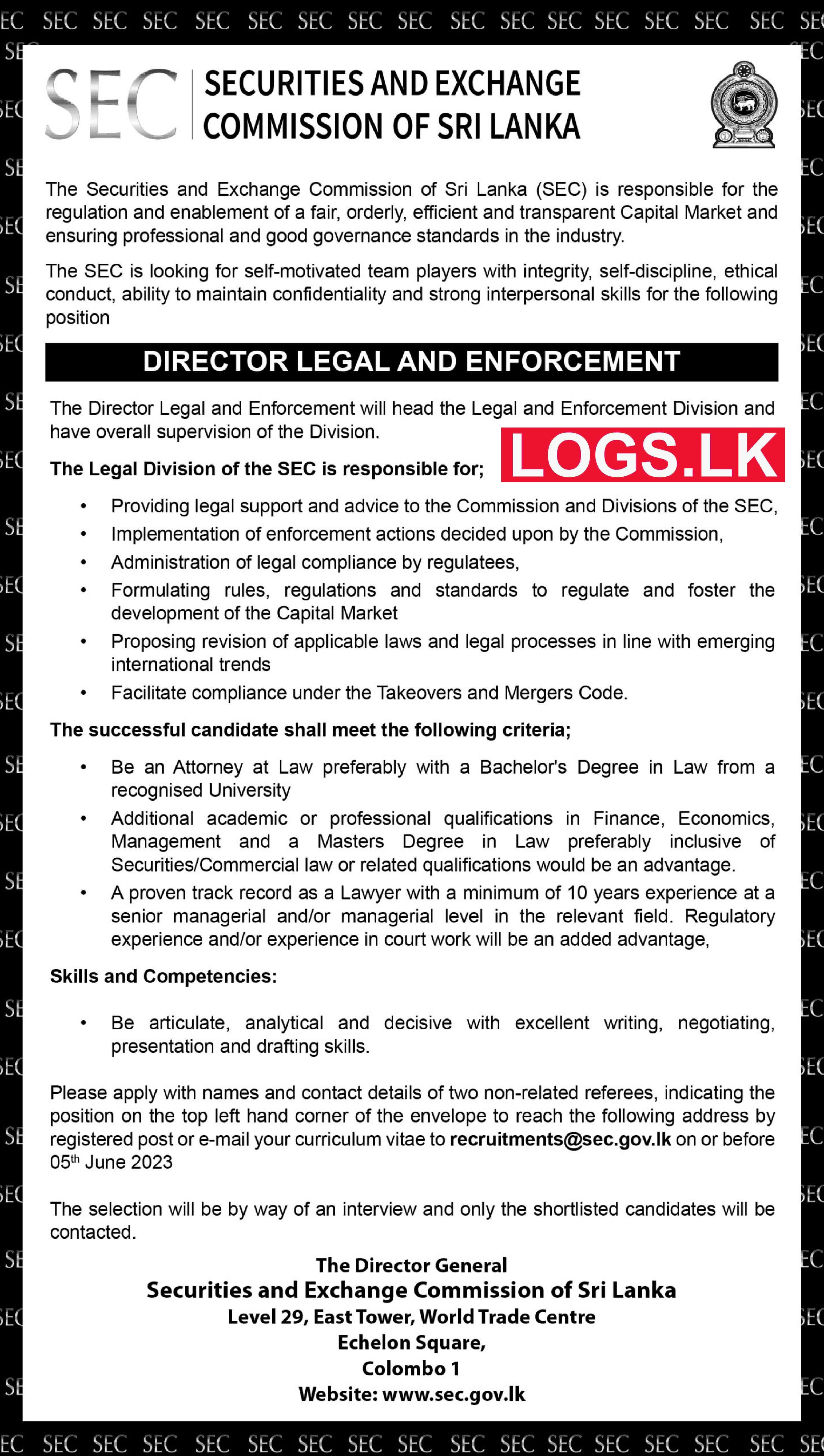Director - Securities and Exchange Commission Vacancies 2023 Application, Details Download