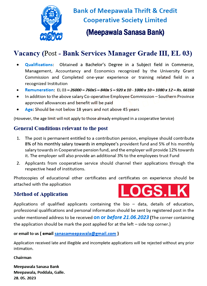 Bank Services Manager - Sanasa Bank Job Vacancies 2023 Application Form, Details Download