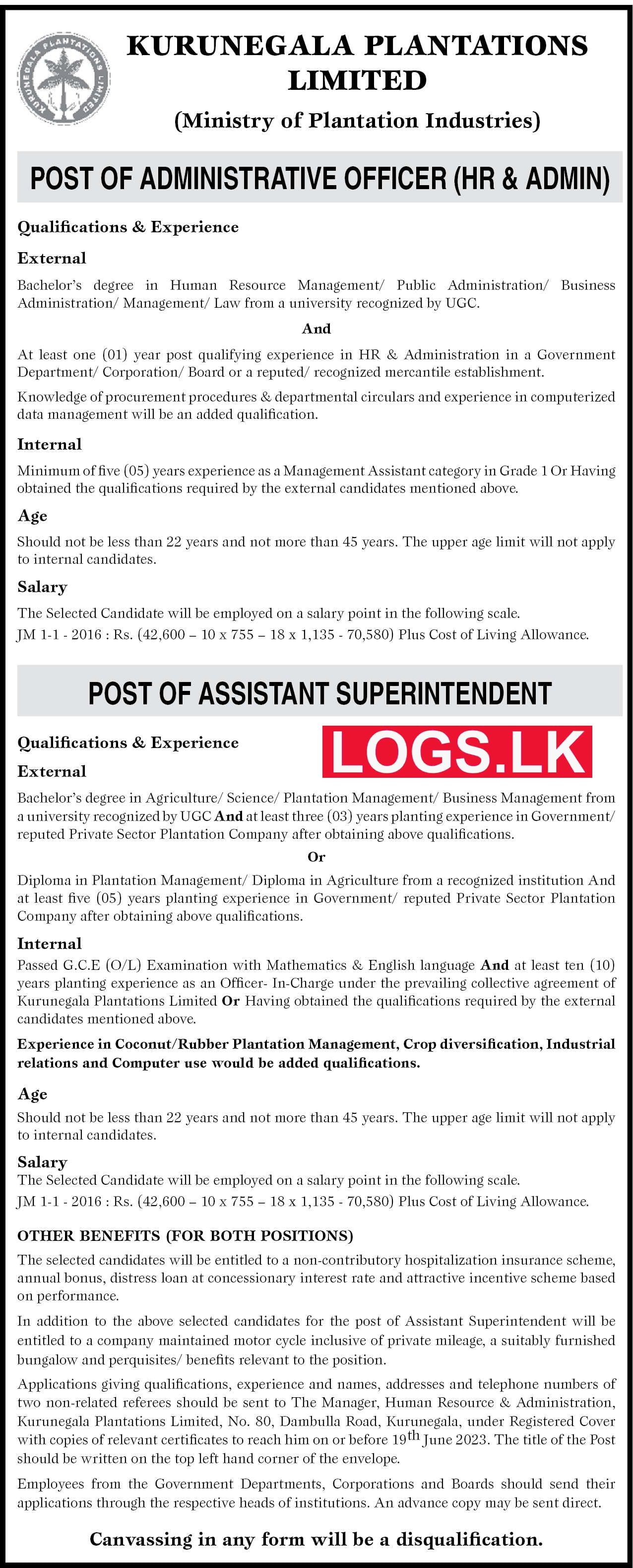 Administrative Officer / Assistant Superintendent - Kurunegala Plantations Ltd Vacancies 2023 Application