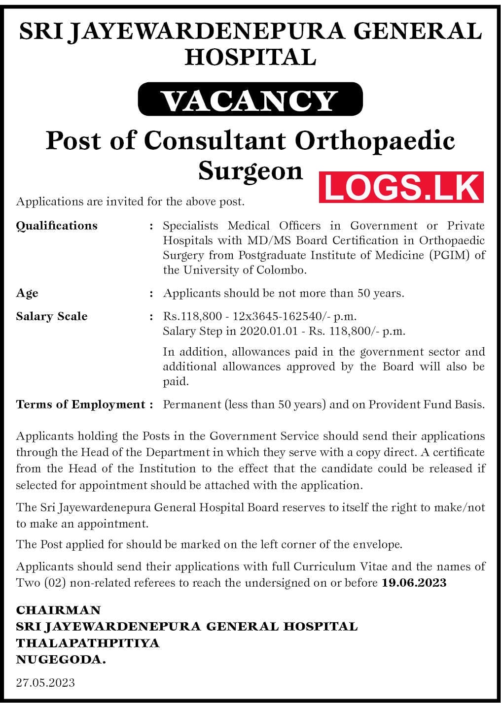 Consultant Orthopaedic Surgeon - SJGH Job Vacancies 2023 Sri Jayewardenepura General Hospital