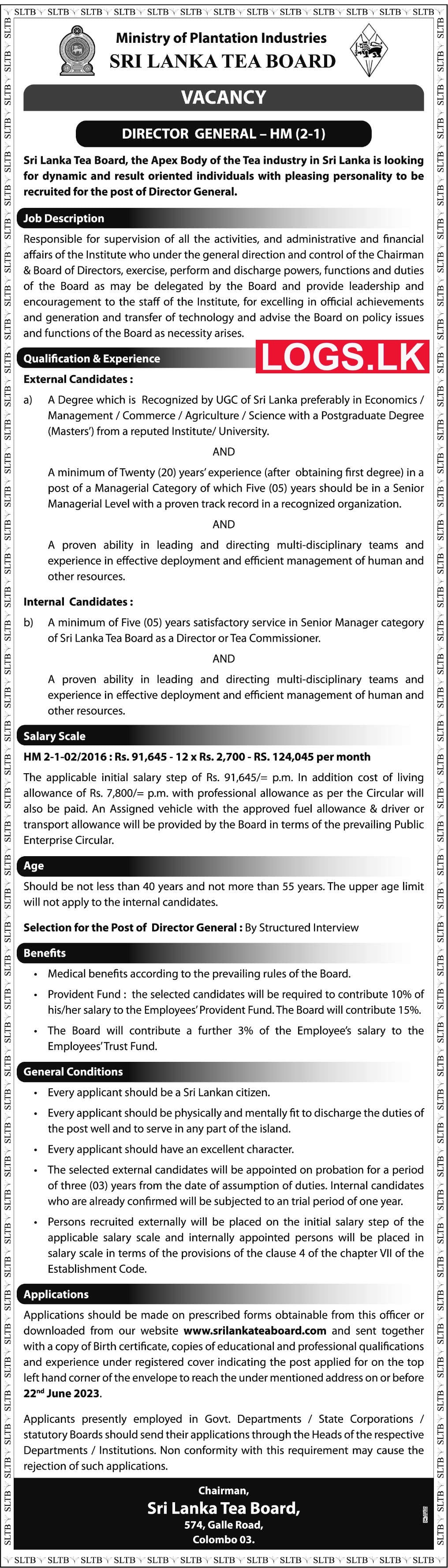 Director General - Sri Lanka Tea Board Job Vacancies 2023 Application Form, Details Download