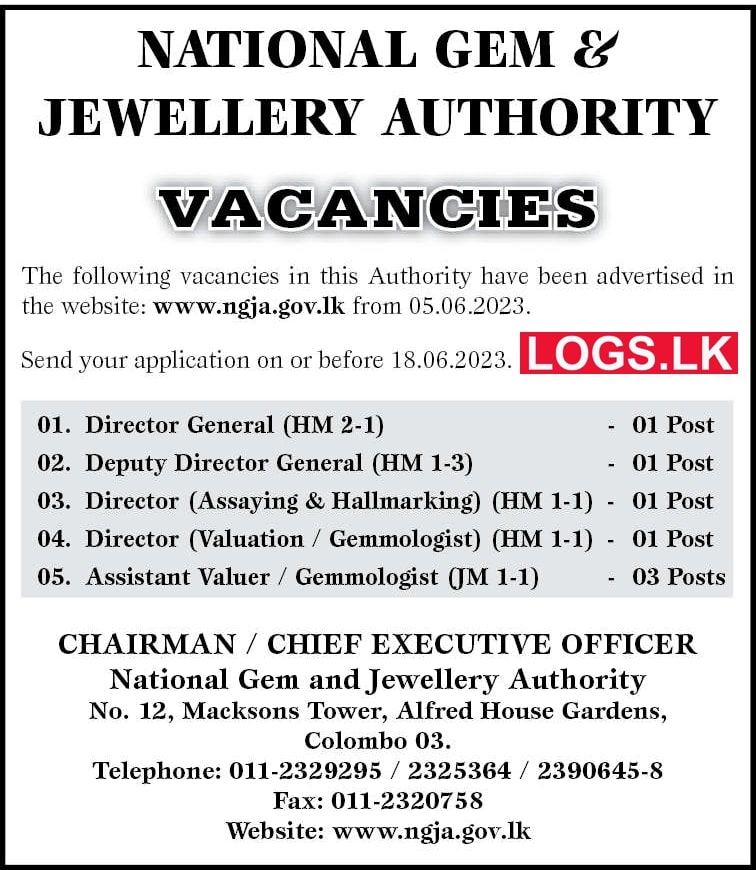 Directors / Assistant Valuer / Gemmologist - National Gem and Jewellery Authority Vacancies 2023 Application Form, Details Download