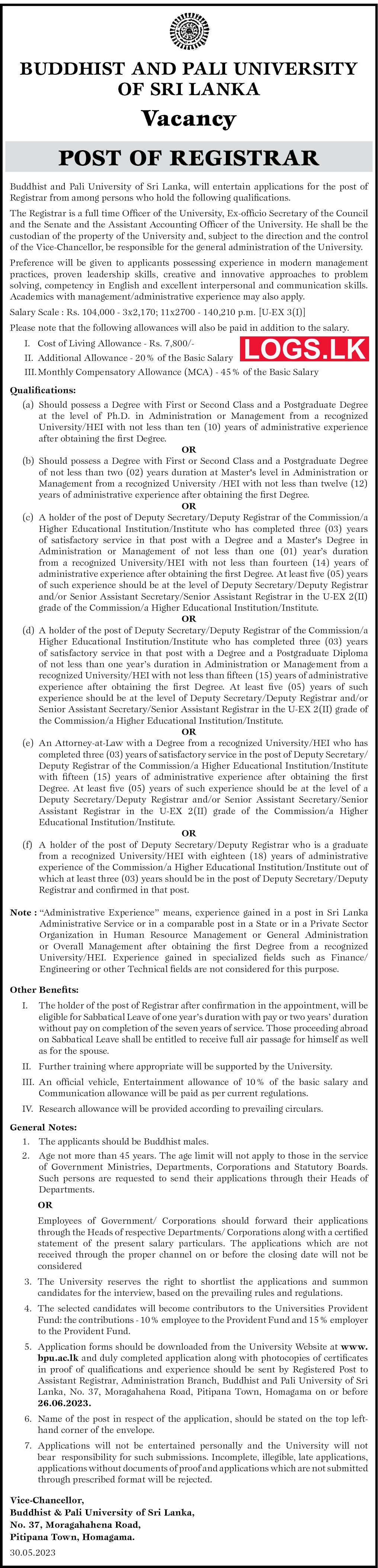 Registrar - Buddhist and Pali University Vacancies 2023 Application Form, Details Download