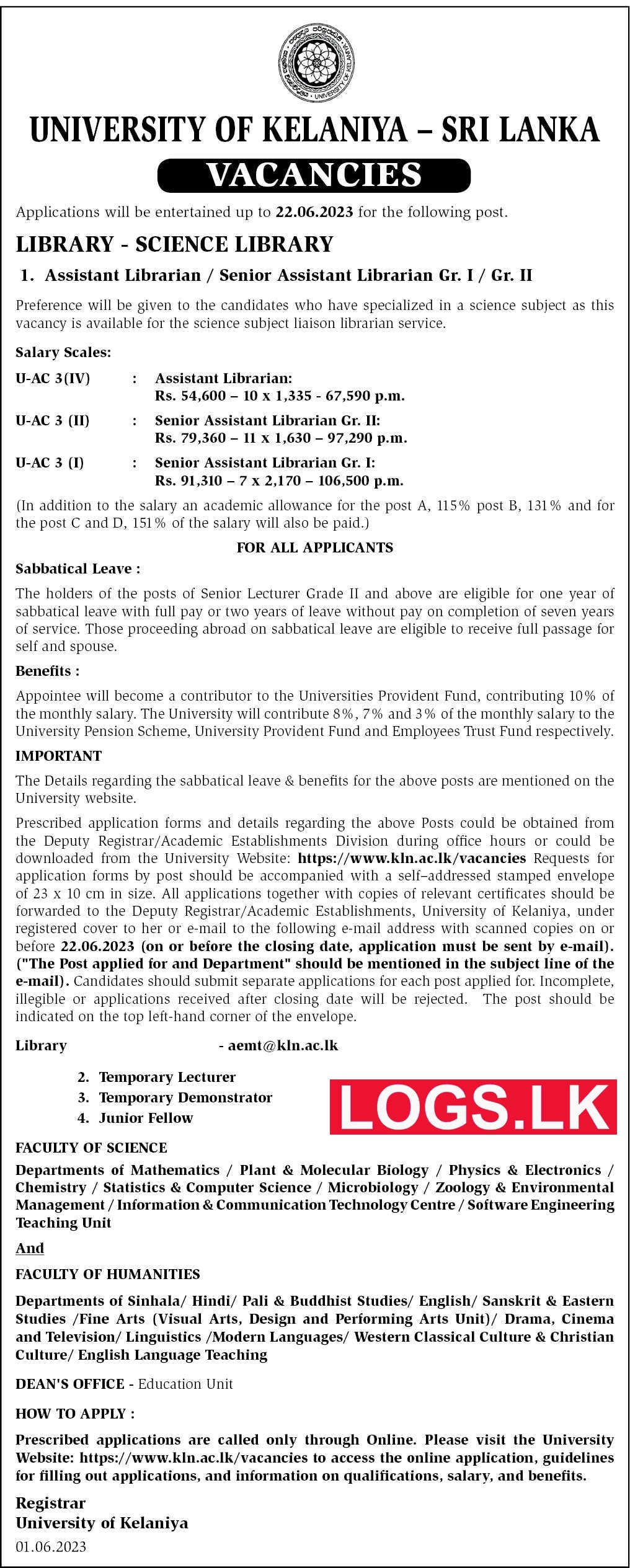 University of Kelaniya Sri Lanka Vacancies 2023 Application, Details Download