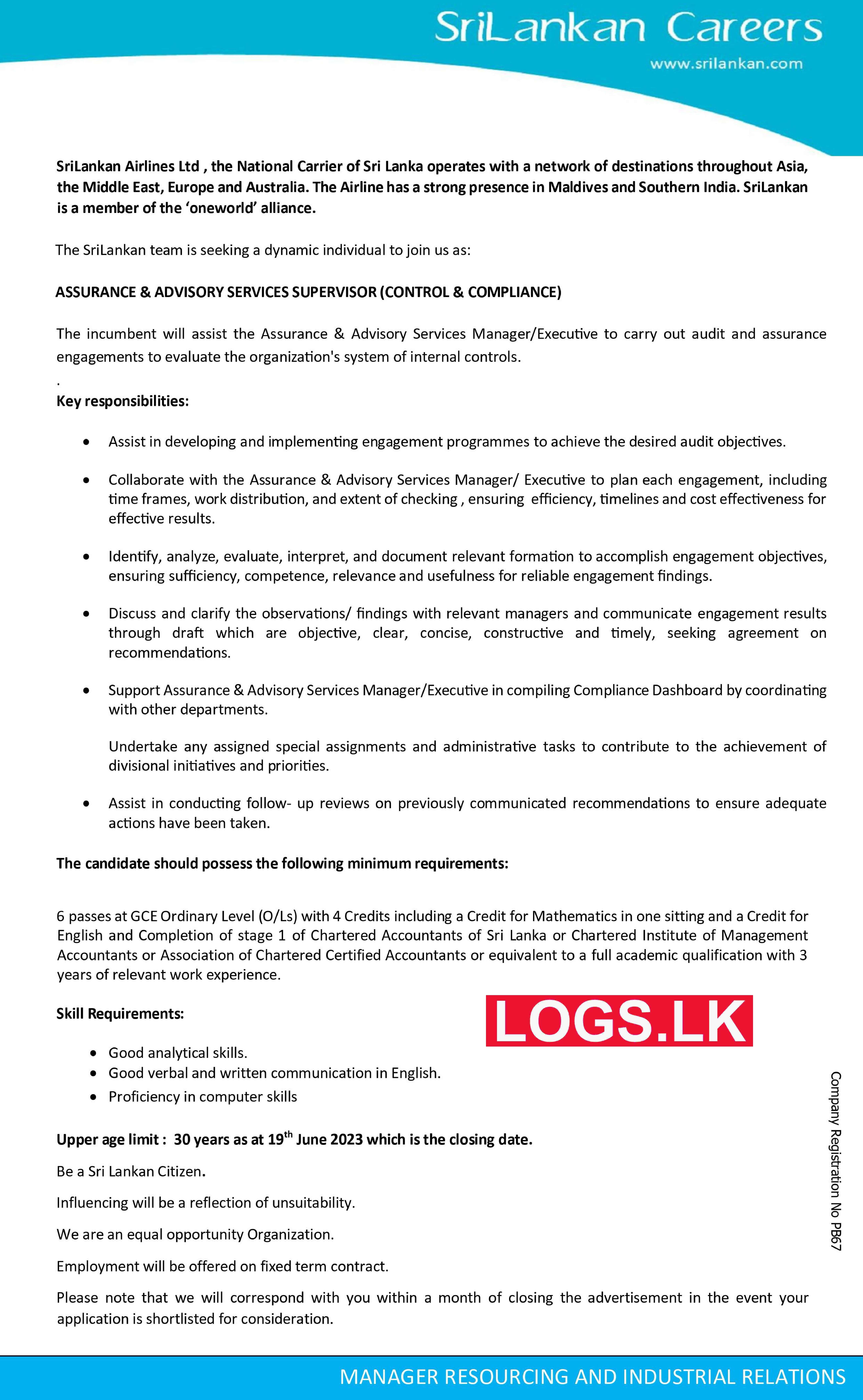 Assurance Advisory Services Supervisor - Sri Lankan Airlines Vacancies 2023 Application Form, Details Download