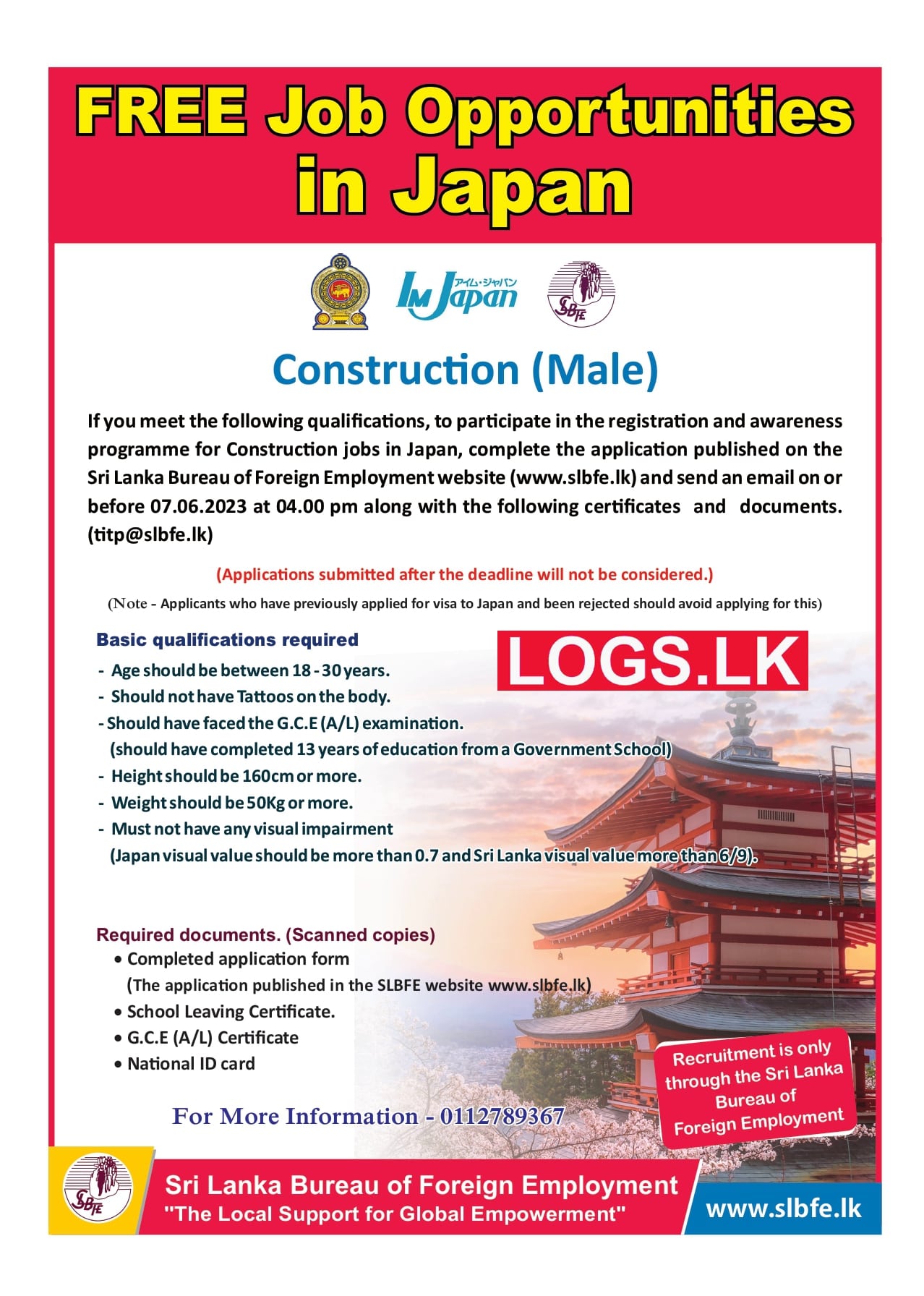 Construction (Male) - Japan Job Vacancies 2023 by SLBFE Sri Lanka Bureau of Foreign Employment Jobs Vacancies