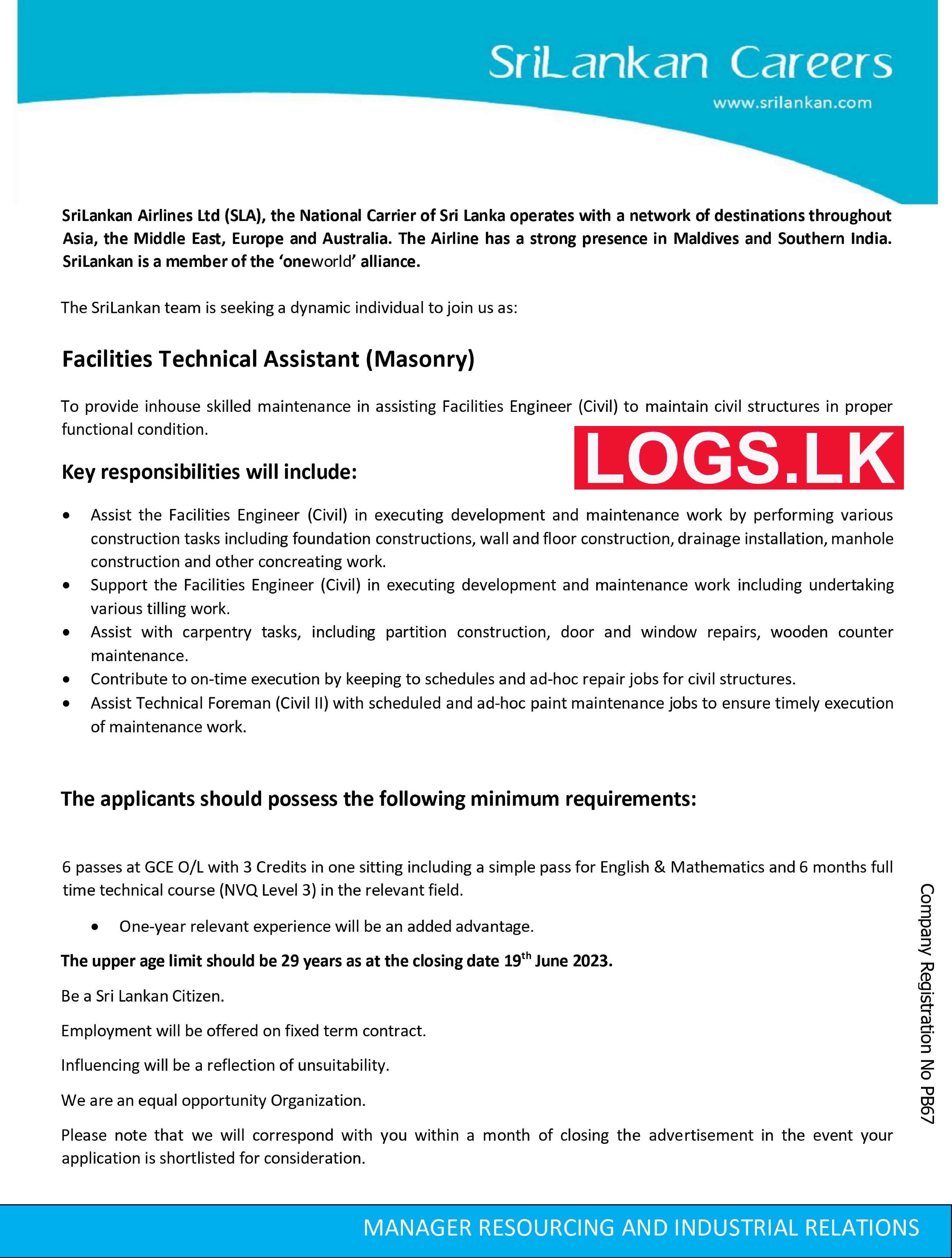 Facilities Technical Assistant - Sri Lankan Airlines Vacancies 2023 Application Form, Details Download