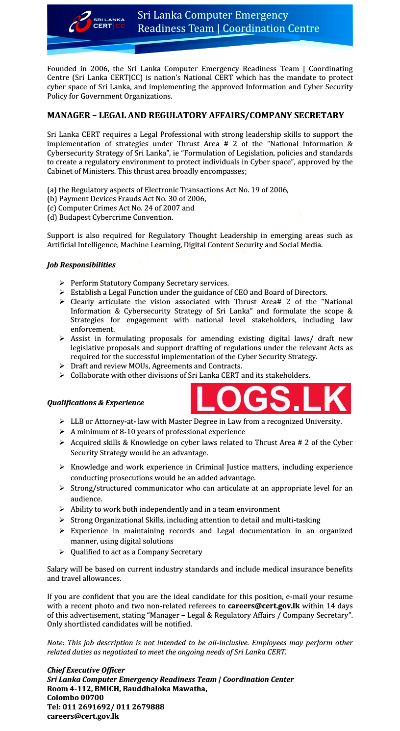 Manager - Sri Lanka Computer Emergency Readiness Team Vacancies 2023 Application Form, Details Download
