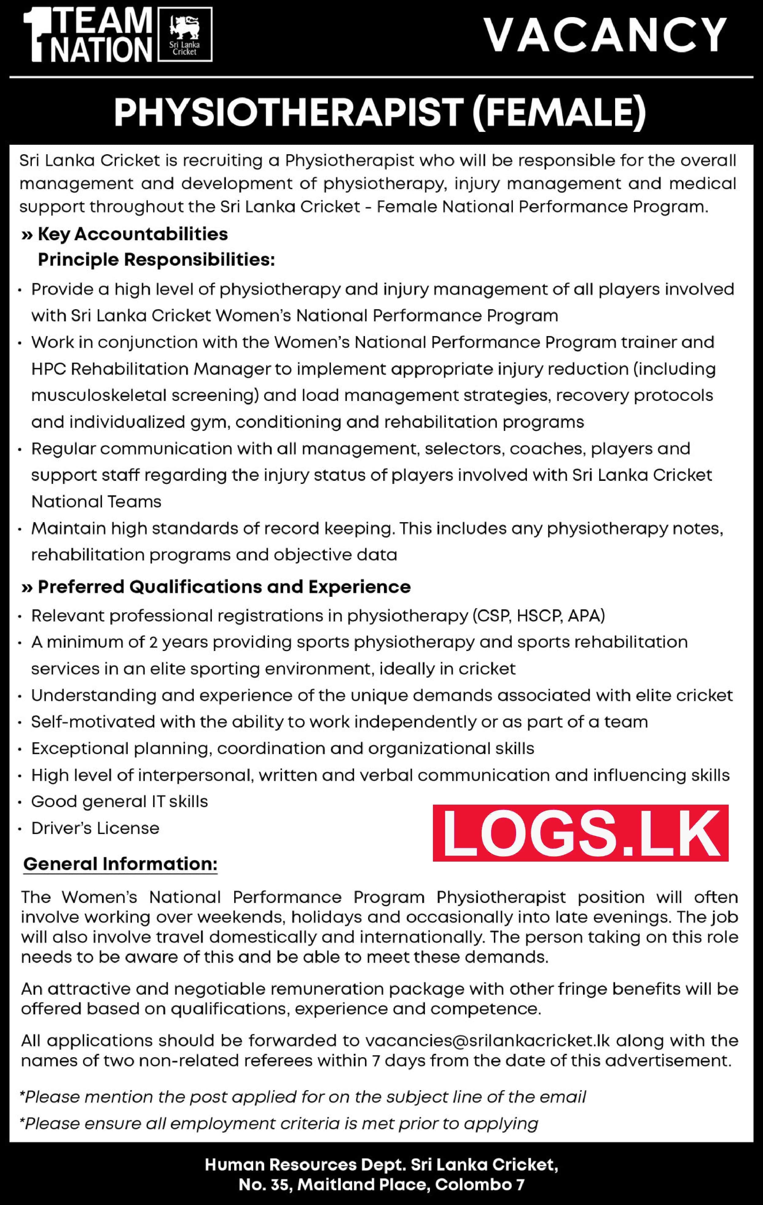 Physiotherapist - Sri Lanka Cricket Job Vacancies 2023 Application Form, Details Download