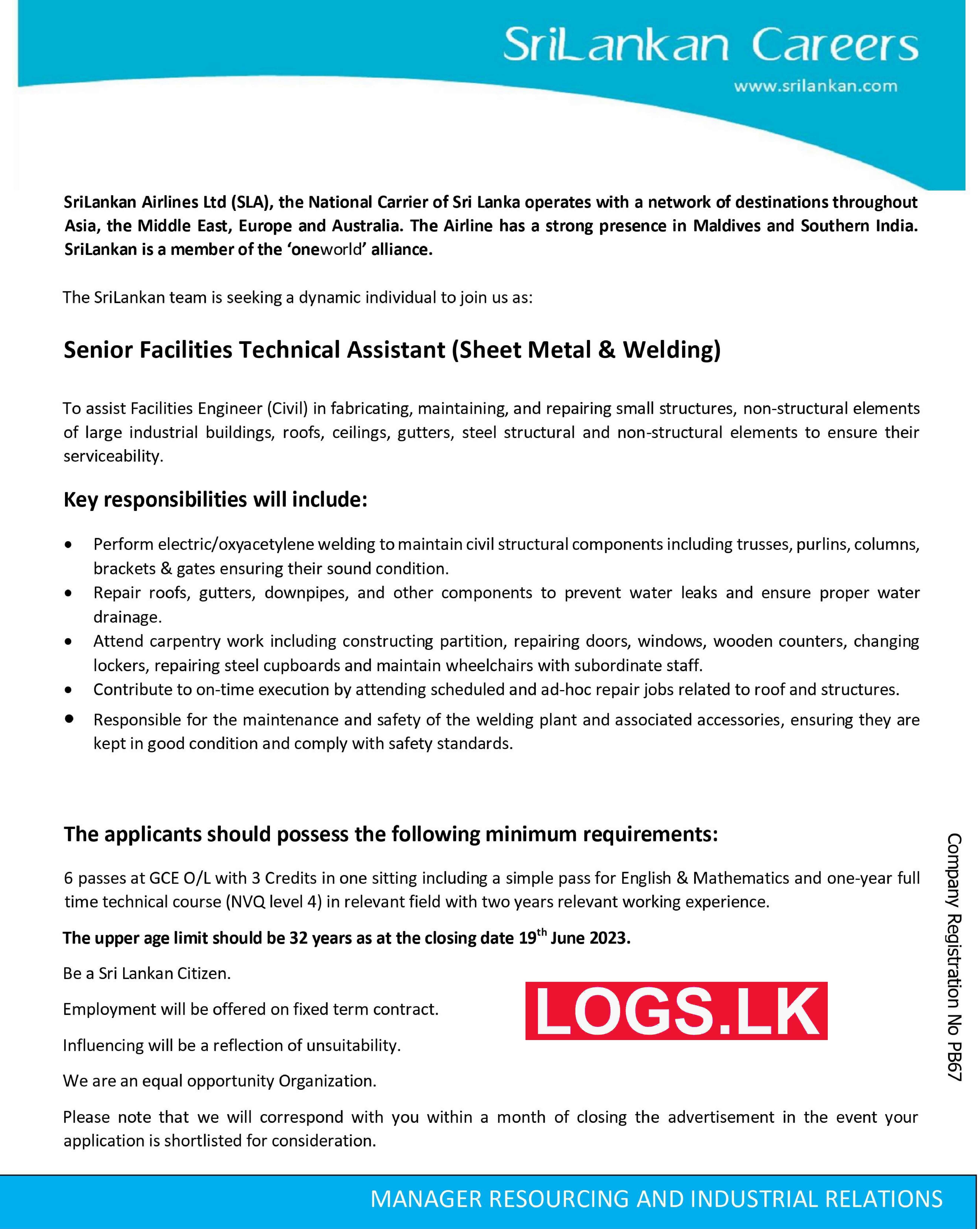 Senior Facilities Technical Assistant - Sri Lankan Airlines Vacancies 2023 Application Form, Details Download