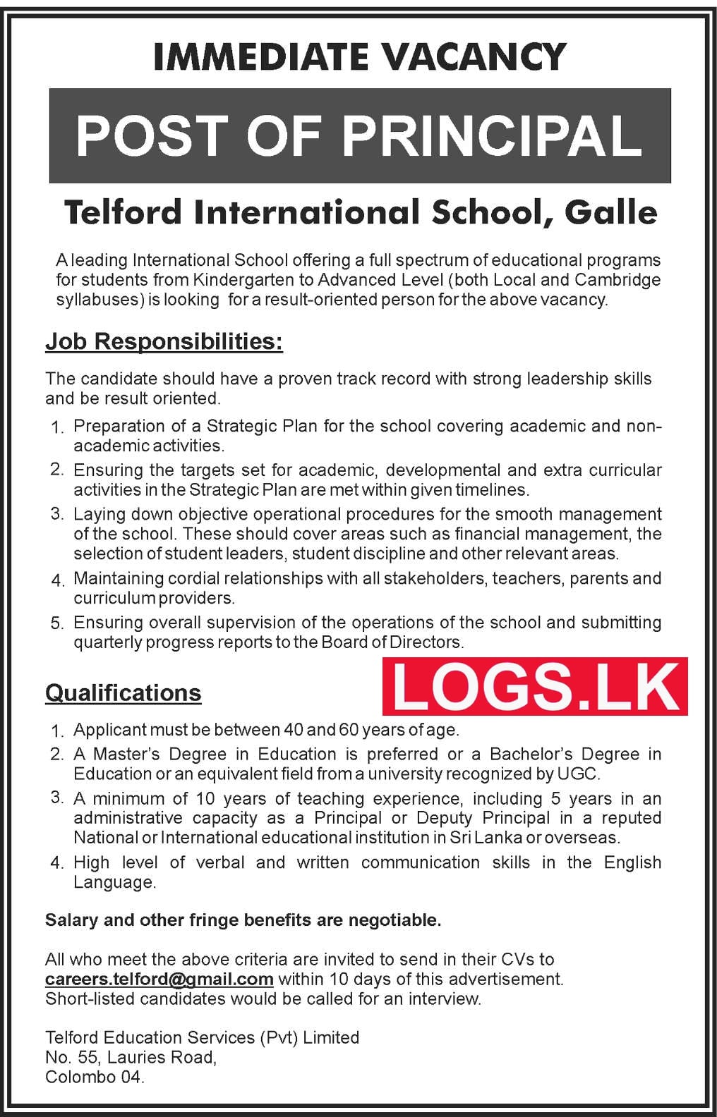Principal Job Vacancy at Telford International School Galle Job Vacancies