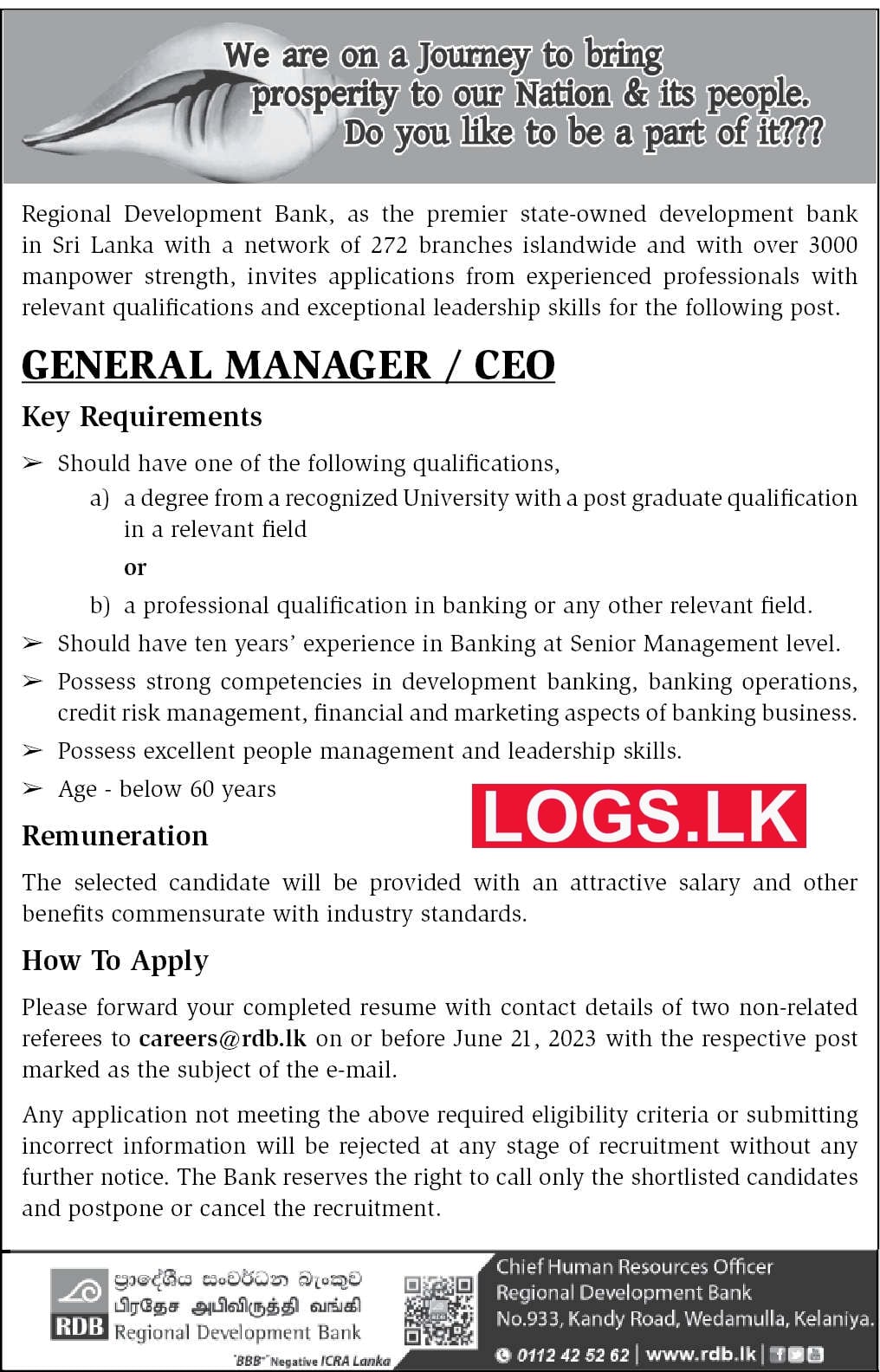 General Manager / CEO - RDB Bank Job Vacancies 2023 Application Form, Details Download Regional Development Bank Jobs Vacancies