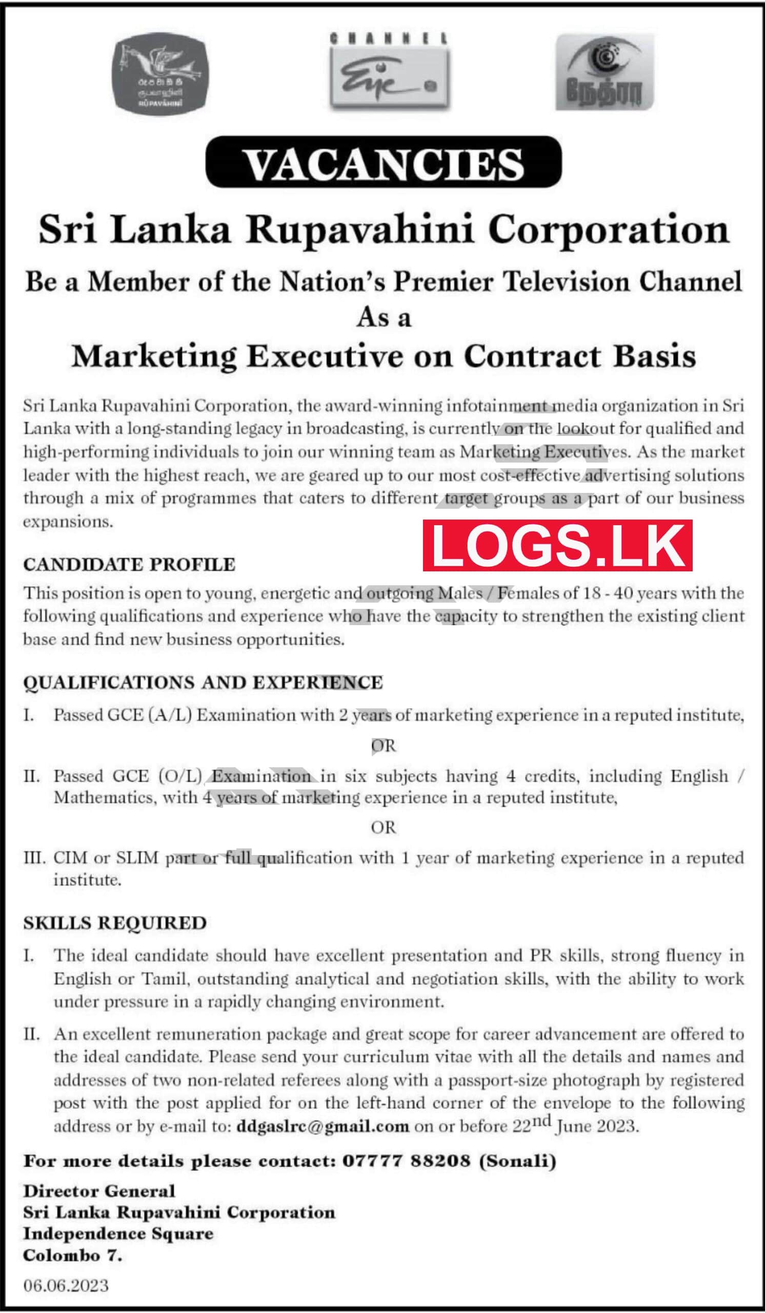 Marketing Executive - Rupavahini Corporation Job Vacancies 2023 Application Form, Details Download