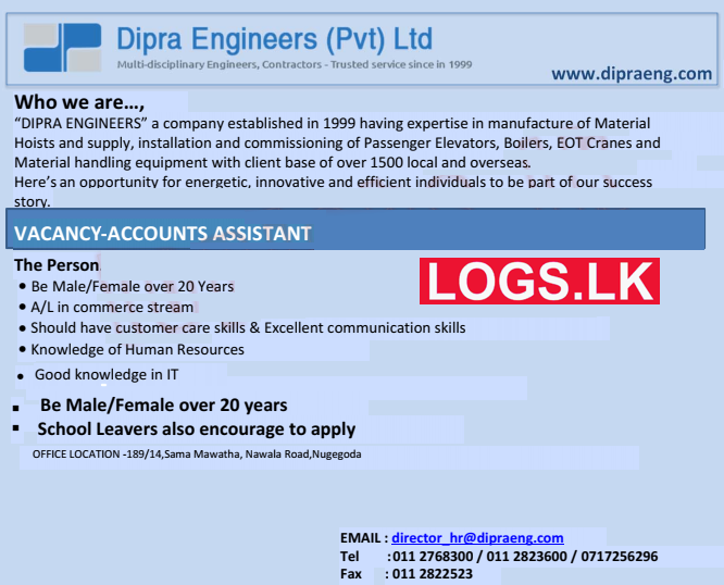 Accounts Assistant Job Vacancy at Dipra Engineers (Pvt) Ltd Job Vacancies