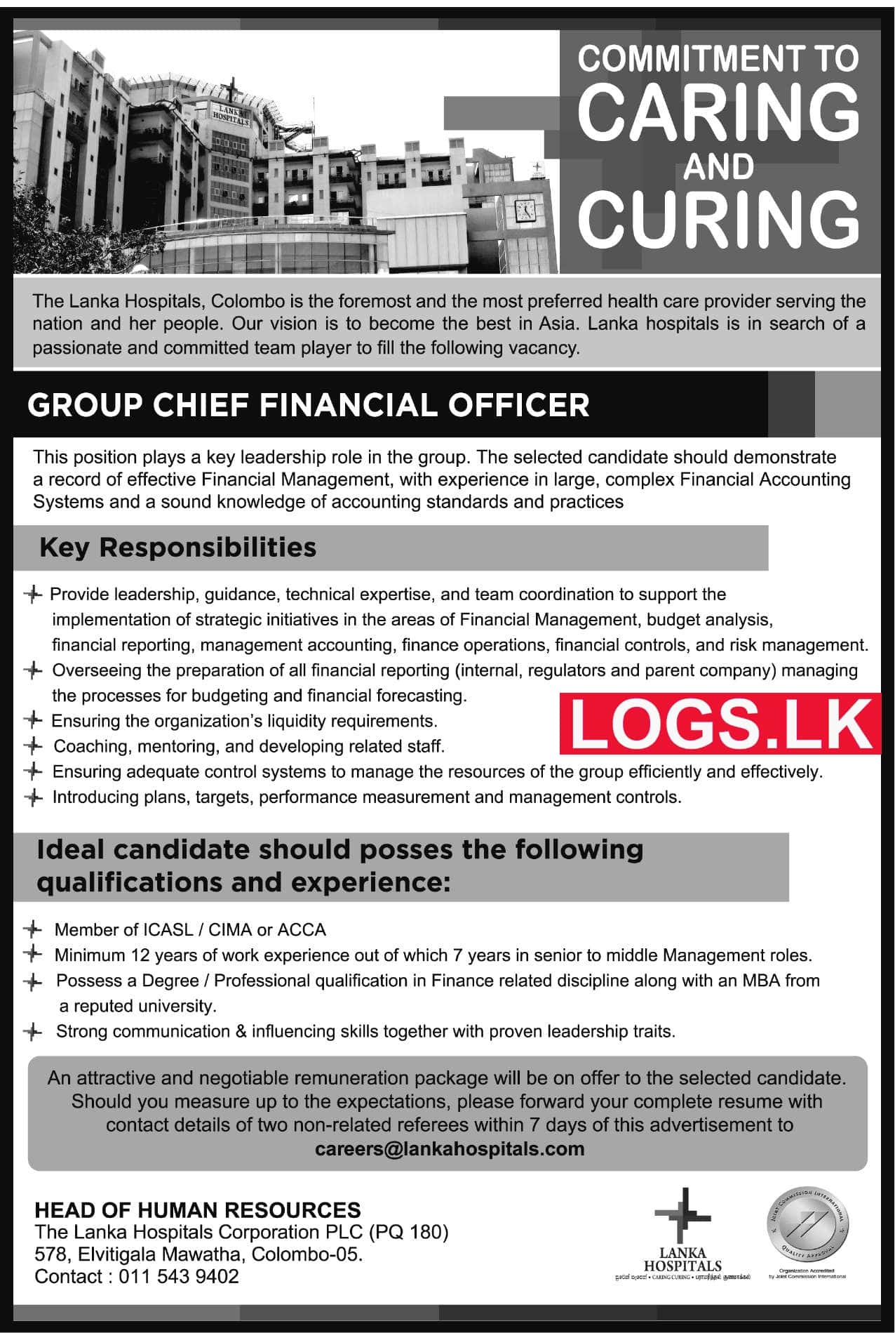 Group Chief Financial Officer - Lanka Hospitals Vacancies 2023 Application Form, Details Download