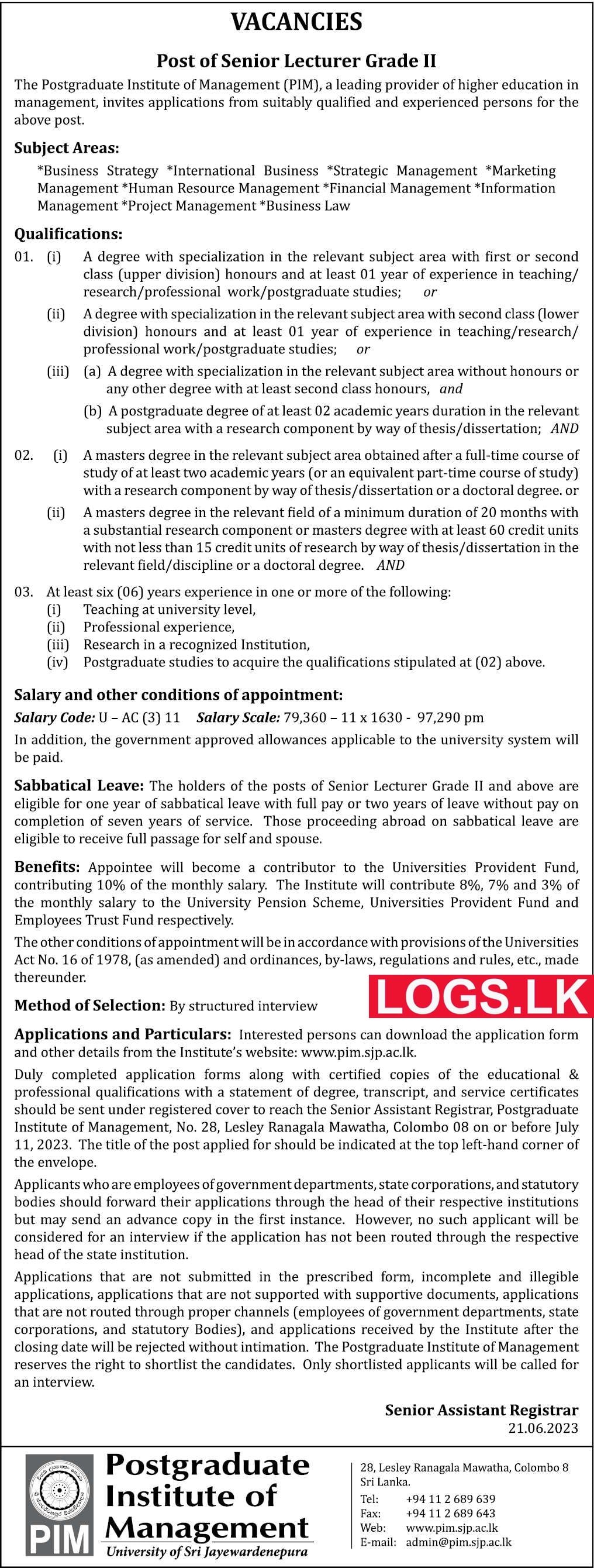 Senior Lecturer (PIM) - University of Sri Jayewardenepura Vacancies 2023 Application Form, Details Download