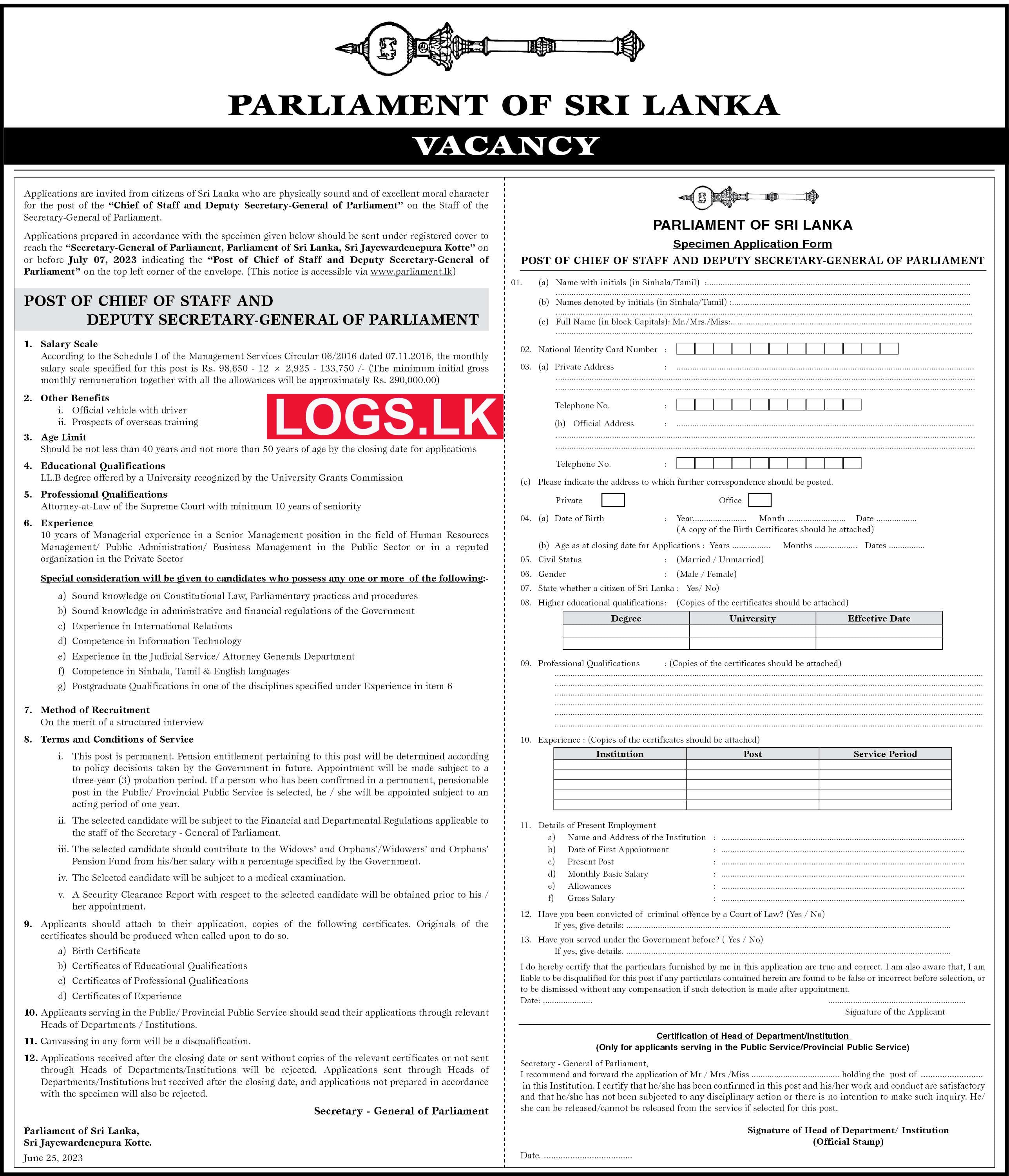 Chief of Staff and Deputy Secretary - Parliament of Sri Lanka Vacancies 2023 Application Form, Details Download