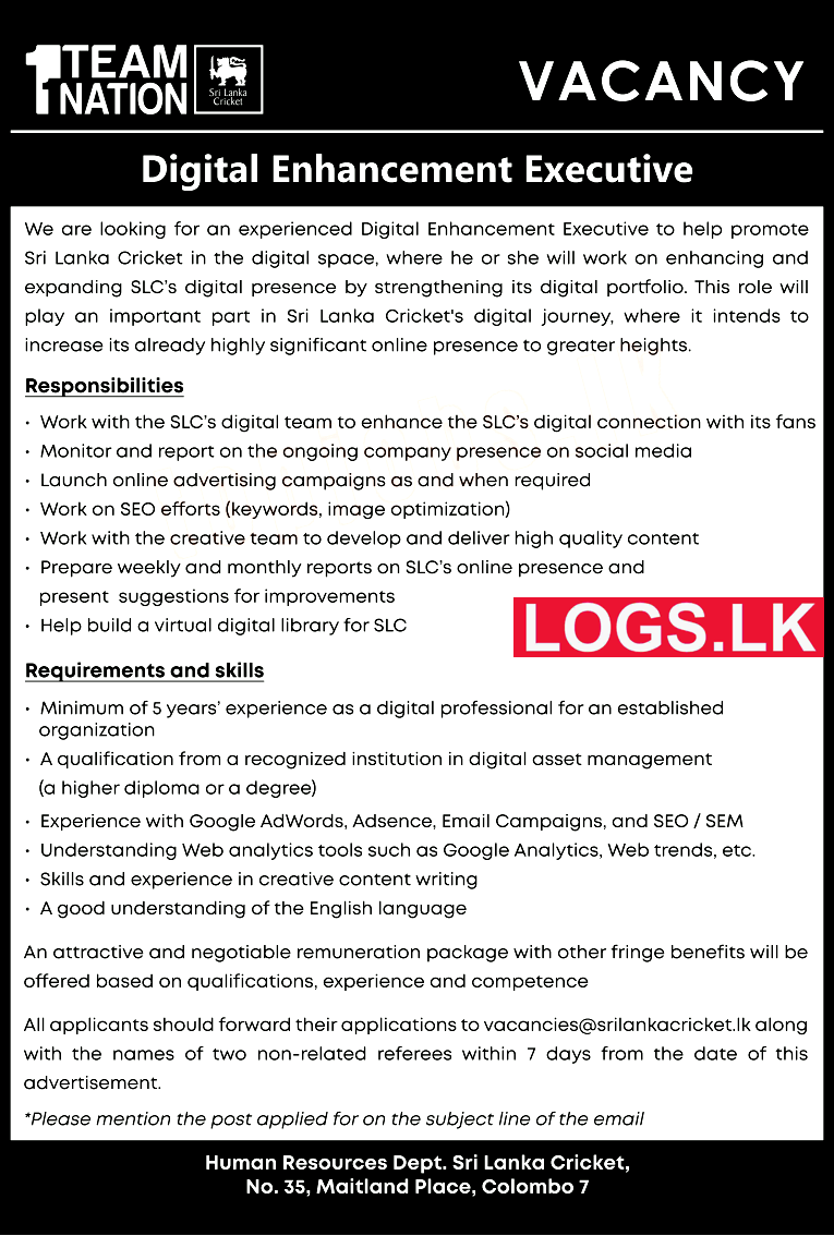 Digital Enhancement Executive - Sri Lanka Cricket Vacancies 2023 Applicaion Form, Details Download