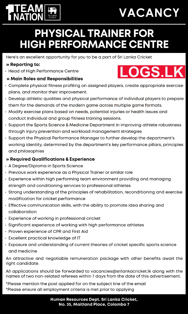 Physical Trainer - Sri Lanka Cricket Job Vacancies 2023 Application Form, Details Download