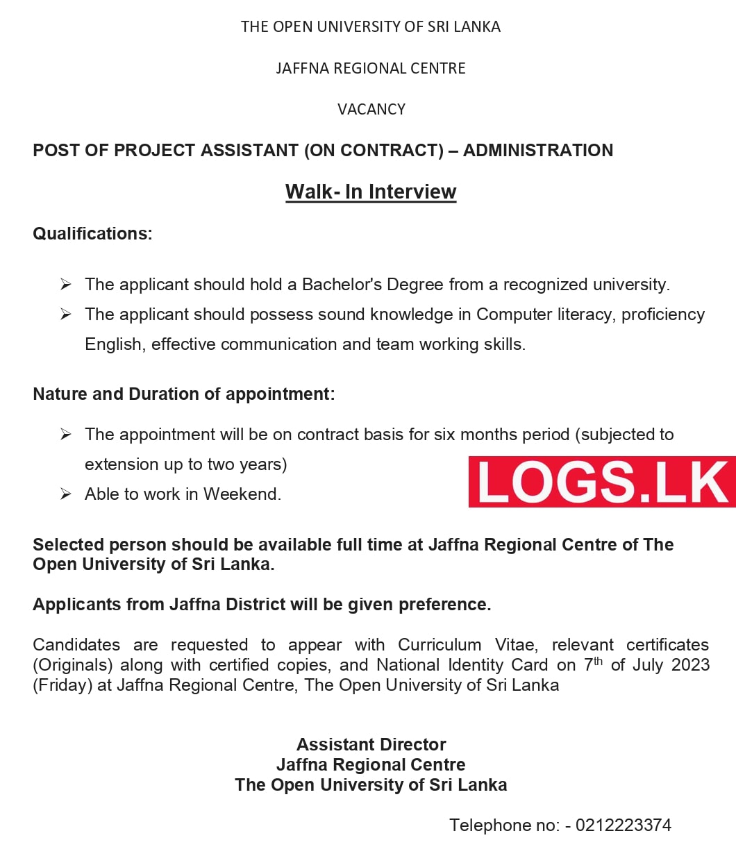 Project Assistant - Open University Jaffna Job Vacancies 2023 Application Form, Details Download