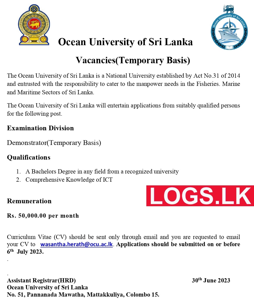 Temporary Demonstrator - Ocean University Job Vacancies 2023 Application Form, Details Download