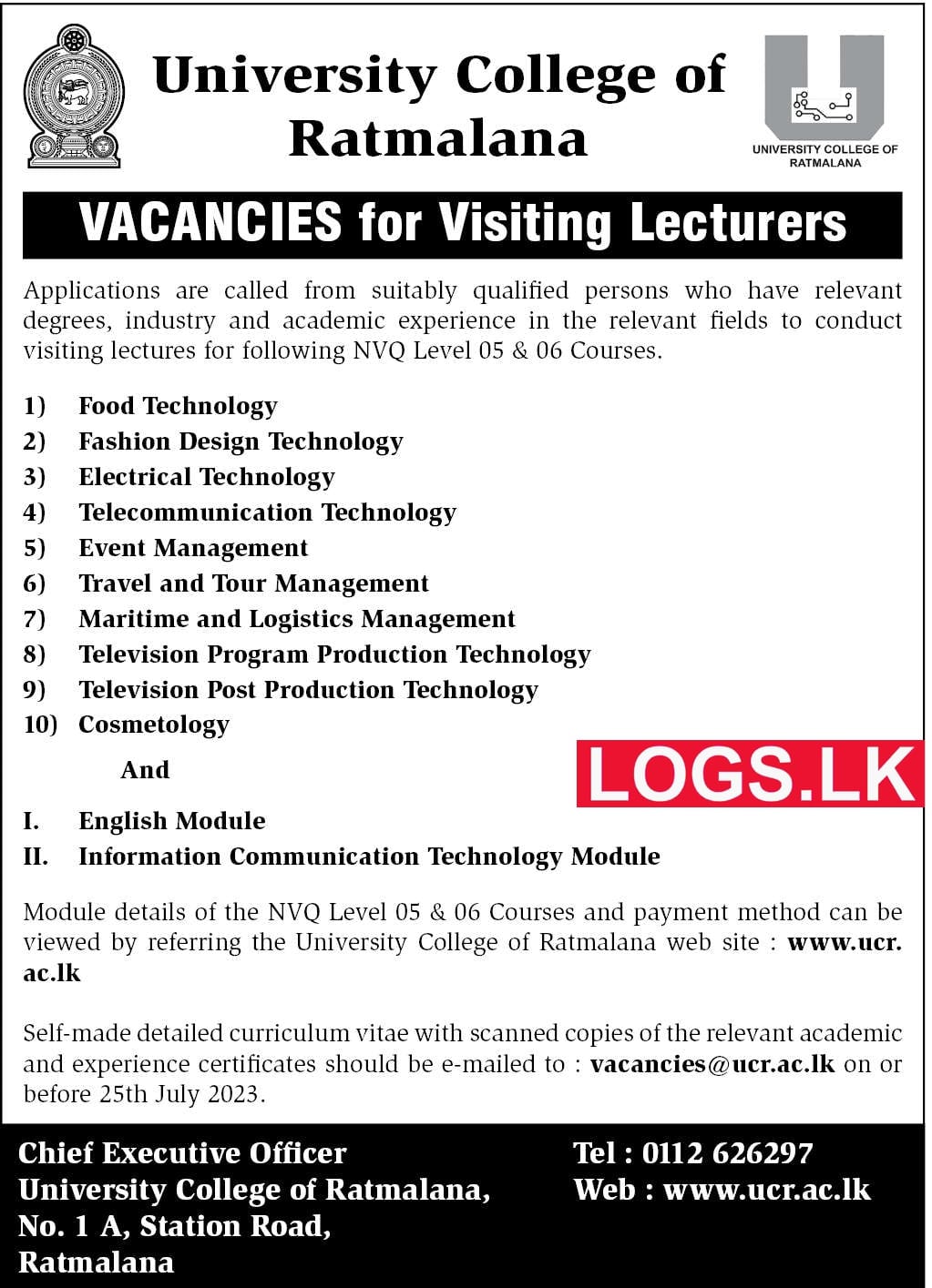 Visiting Lecturers - University College Ratmalana Vacancies 2023 Application Form
